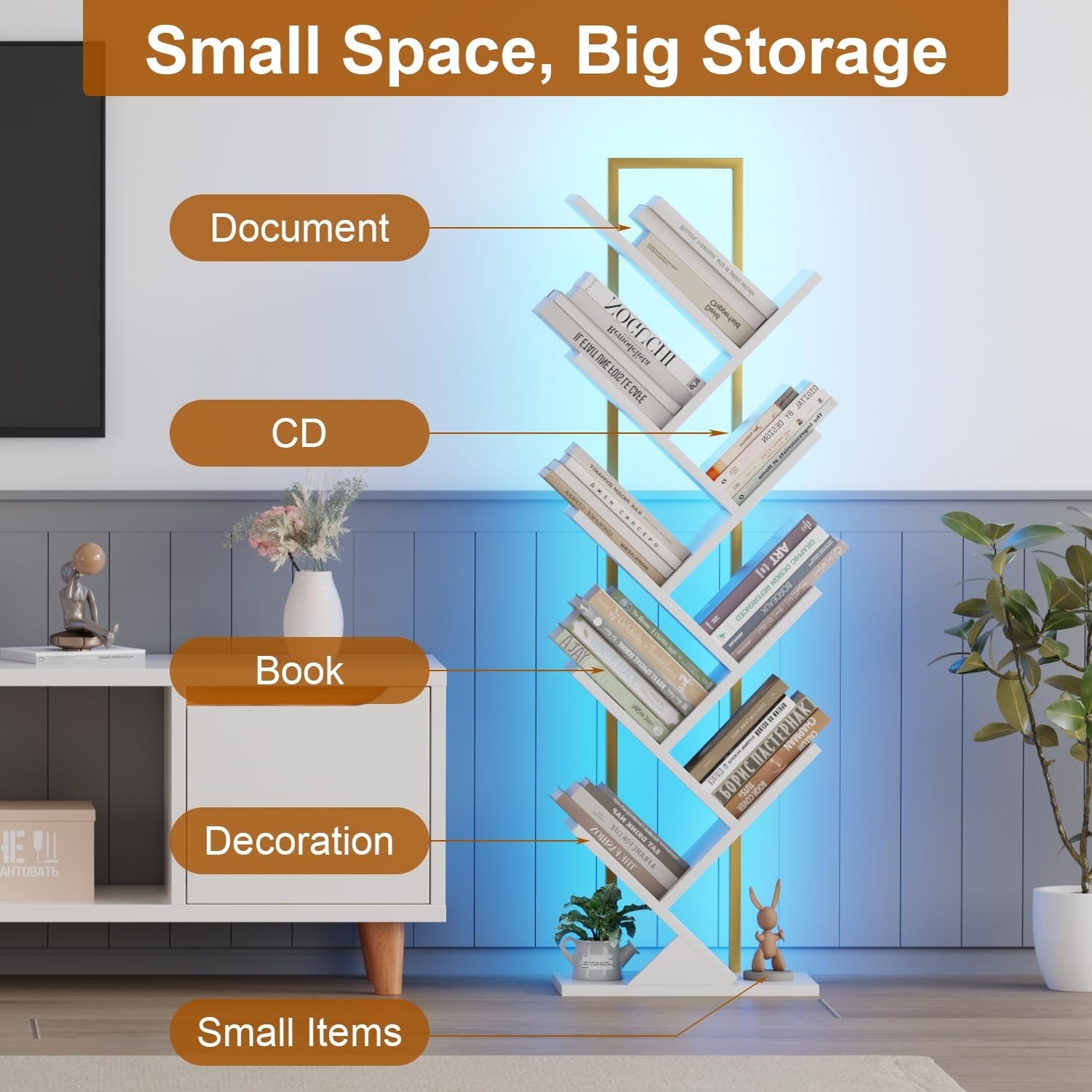Qupui Tree Book Shelf with LED lights, 9-tier classical wooden bookcase, floor-standing design with colorful illuminated shelves