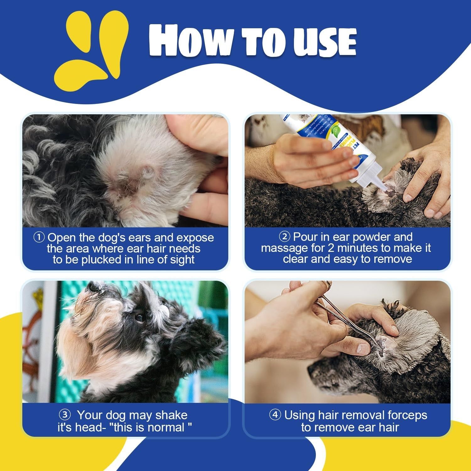 Ninibabie dog ear powder hair removal with curved ear cleaning hemostat, showing the product and ear cleaning tools.