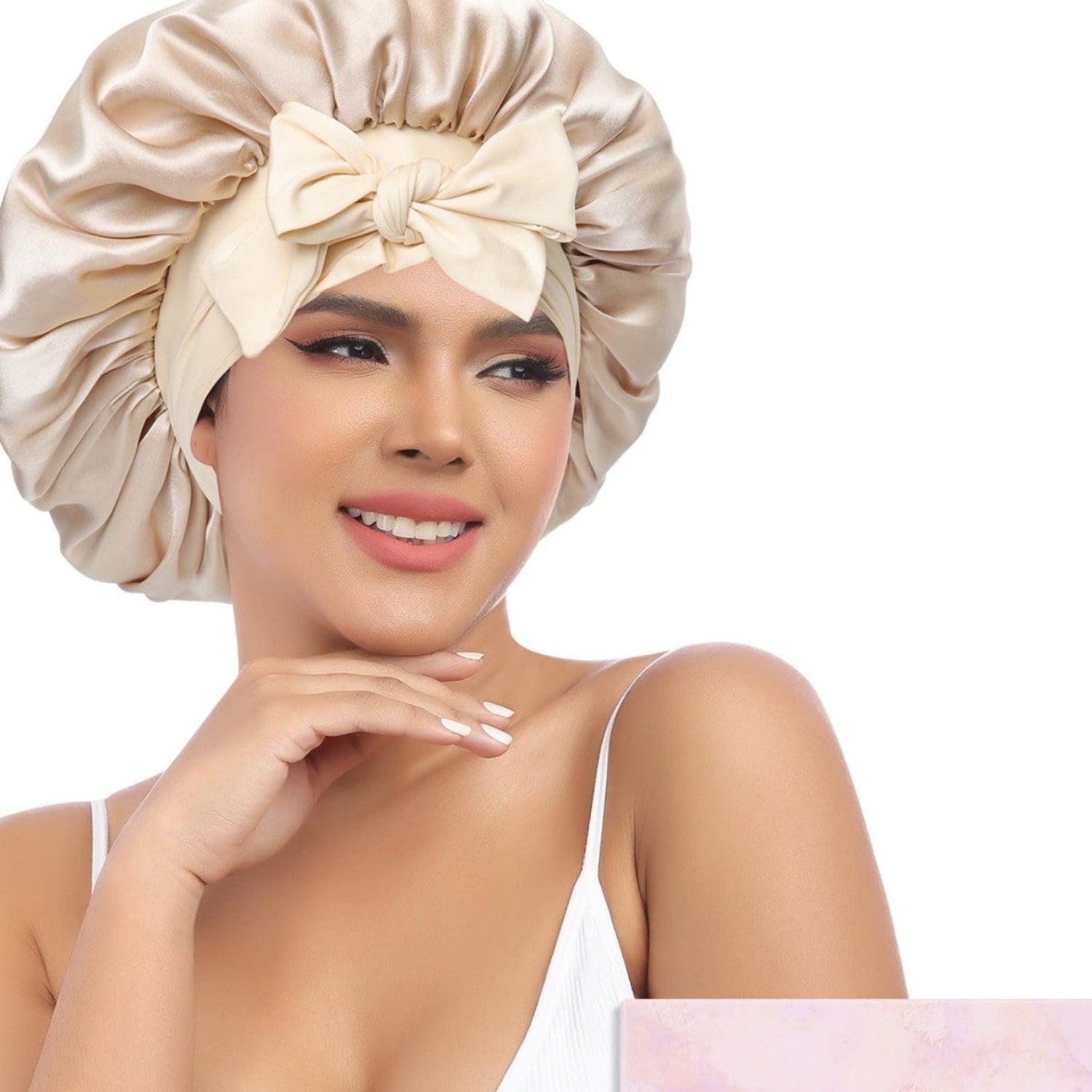 AWAYTR silk sleep bonnet for women, made of 100% Mulberry silk with a double-layer design and adjustable band.