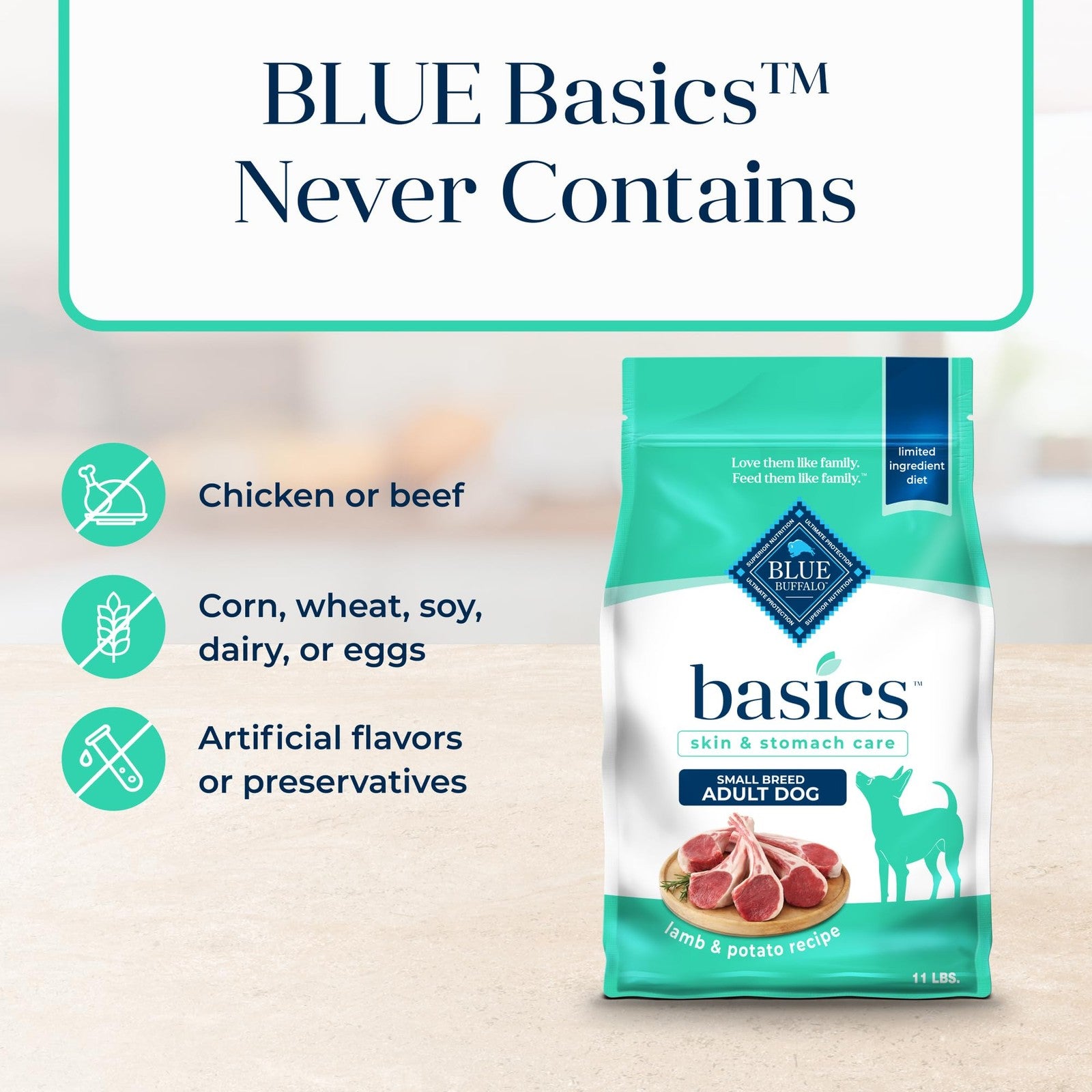 Blue Buffalo Basics grain-free small breed adult dog food with lamb and potato in a bag, showing the product packaging.