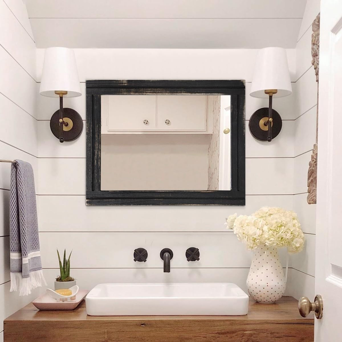 Small rectangular wall-mounted mirror with wood frame by AAZZKANG, featuring a retro design for stylish home decor.