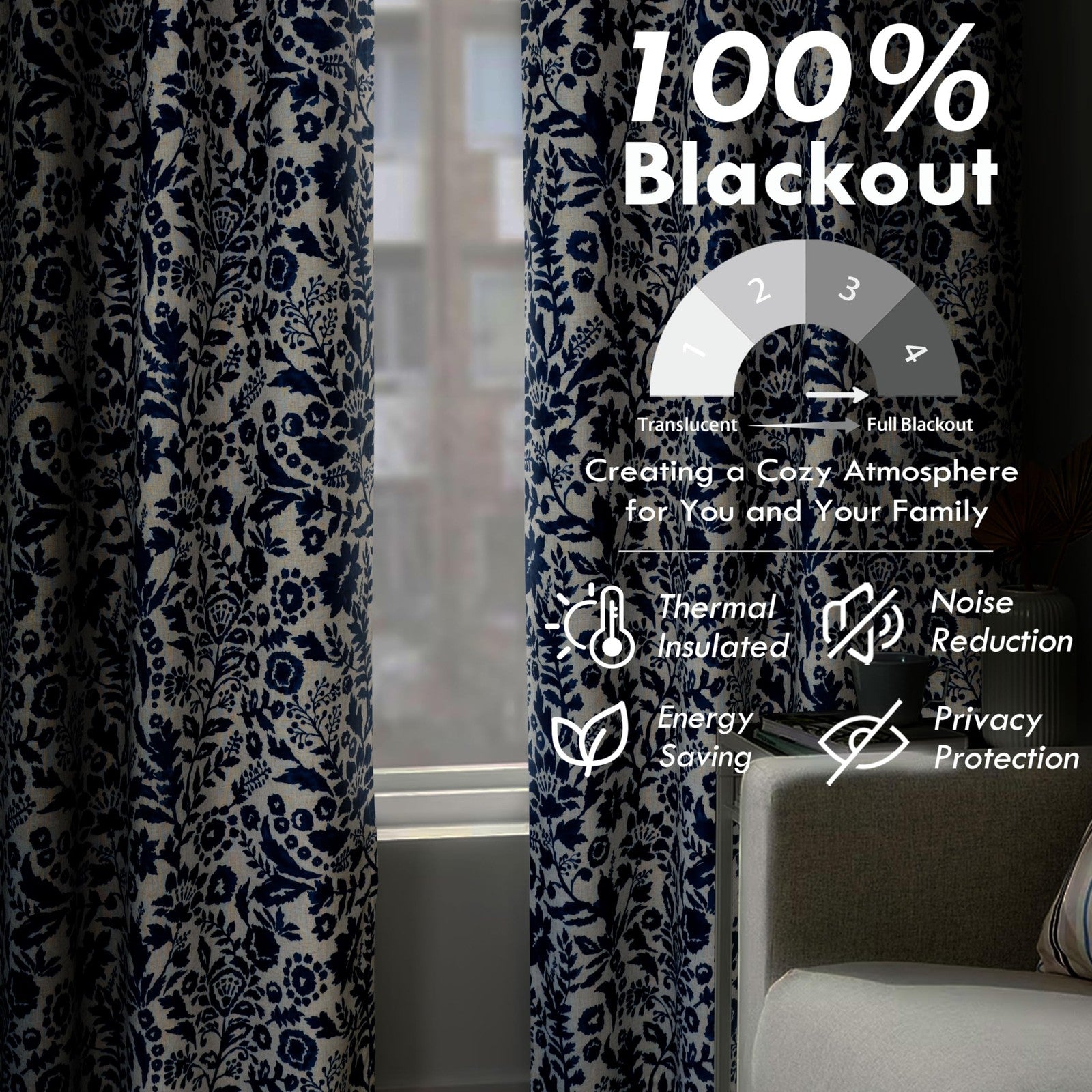 DriftAway Julia Watercolor blackout window curtain with thermal lining in black and vibrant watercolor design hanging in a room.