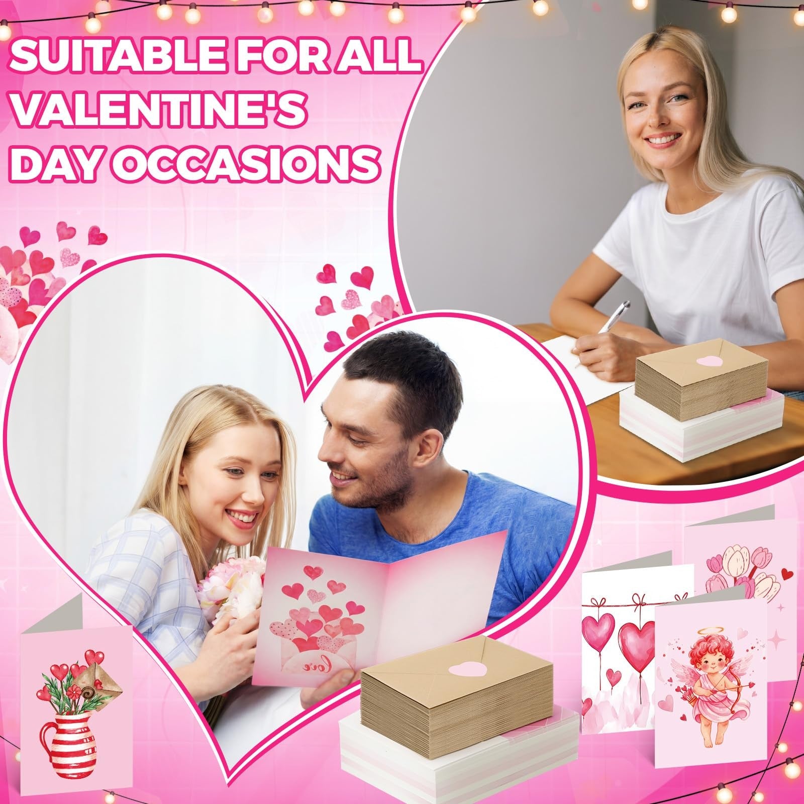 Tenceur Valentine greeting card set with pink love heart designs and matching envelopes, 240-piece stationery set for celebrations