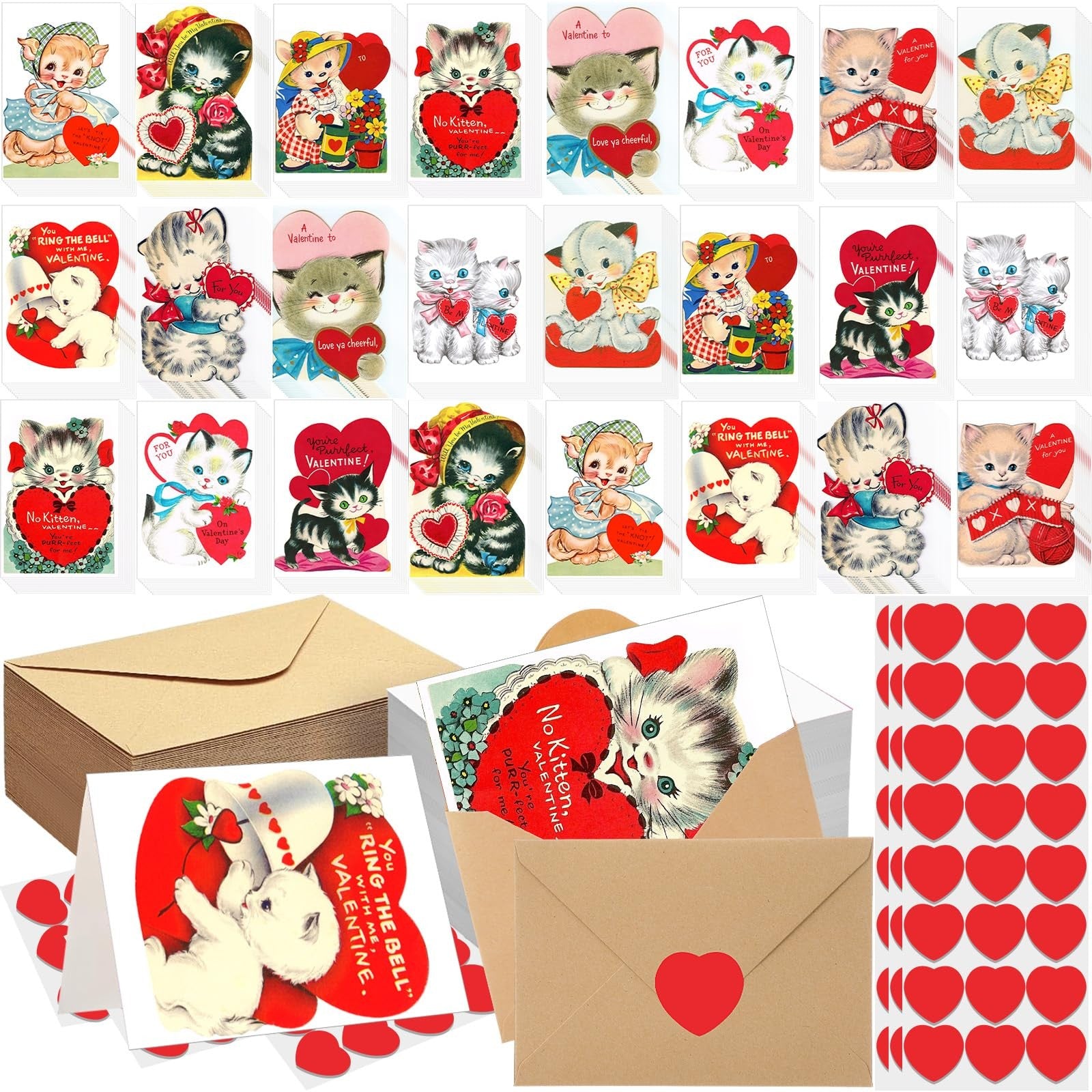 Tenceur vintage Valentine's Day cat card set with red love-themed envelopes, featuring adorable cat illustrations and festive designs.