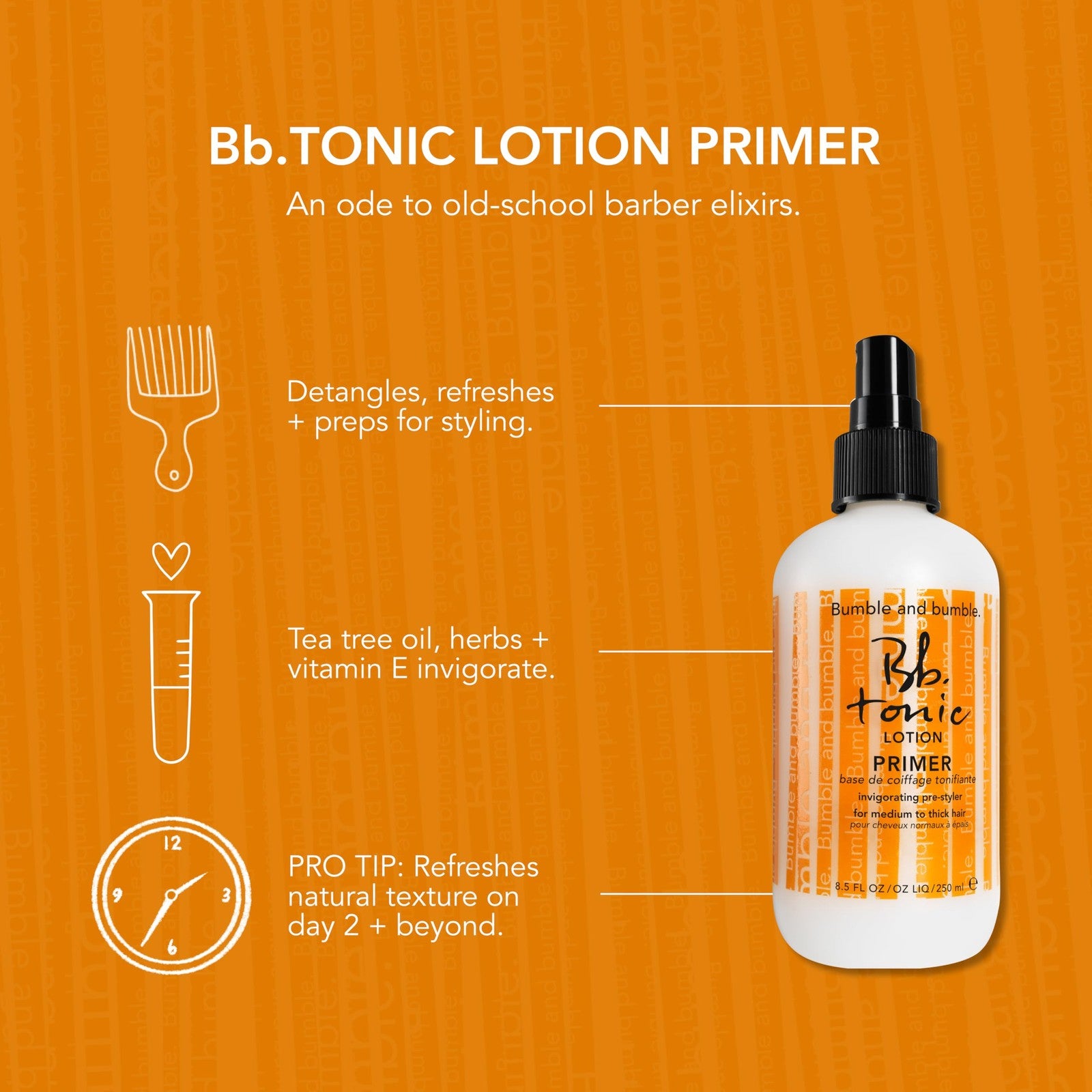 Bumble and bumble Tonic Lotion Tea Tree Oil Primer for detangling and refreshing hair, 8oz bottle with green tea tree label.