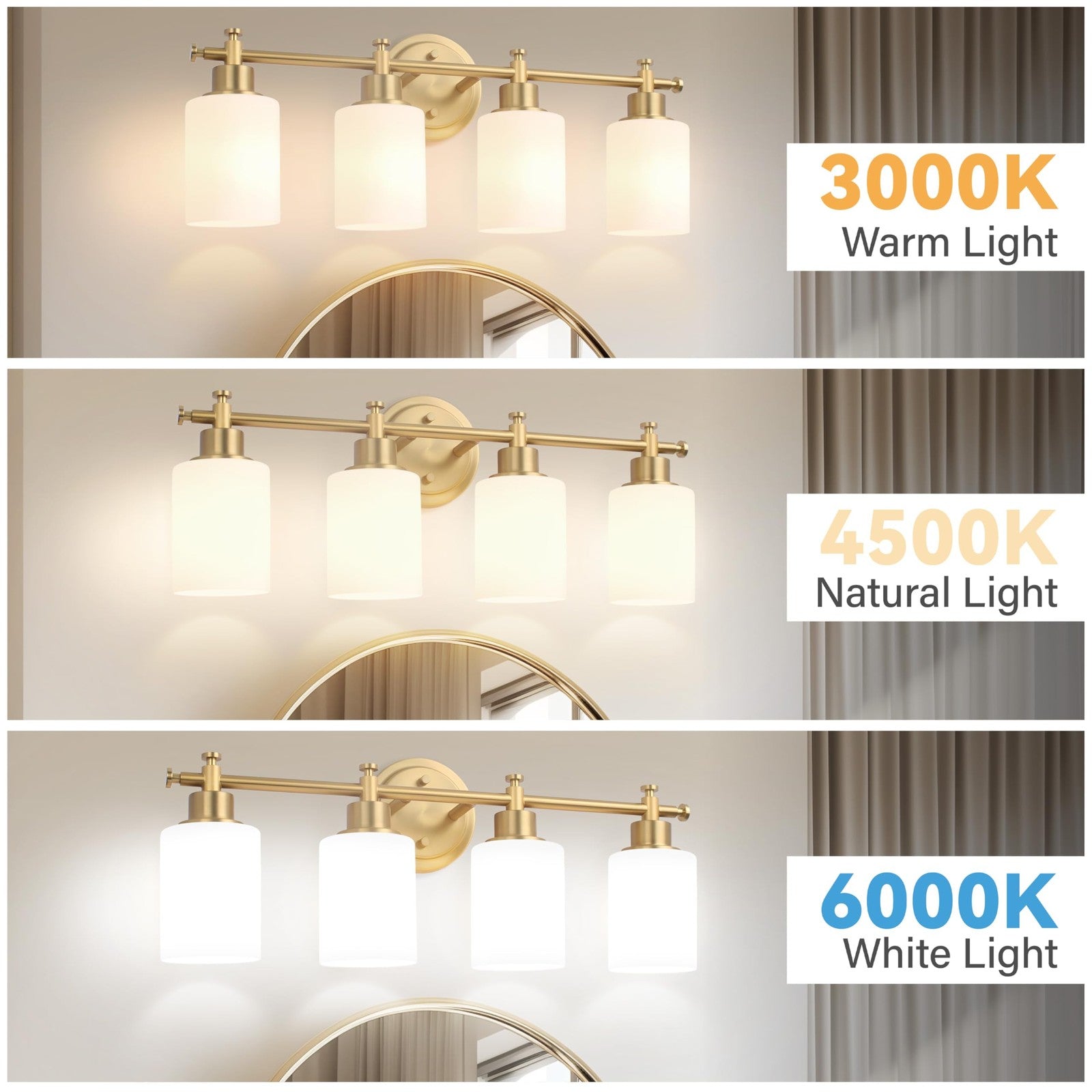 Imizdlum 4-light brushed gold bathroom vanity light fixture with modern design and clear glass shades for stylish bathroom illumination.