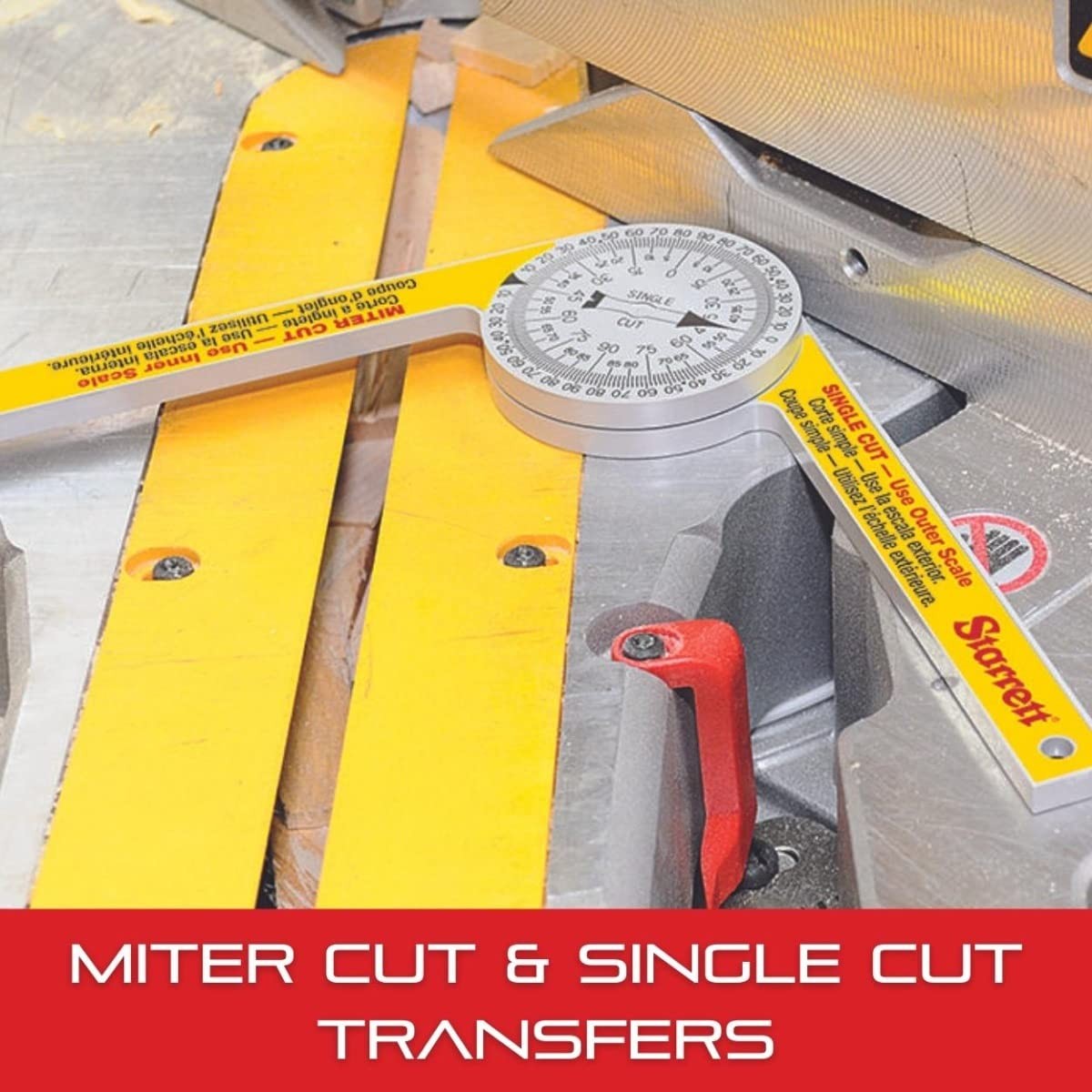 Starrett ProSite Miter Protractor Angle Finder with dual laser-engraved scales, showing metal construction and adjustable measurement arms.