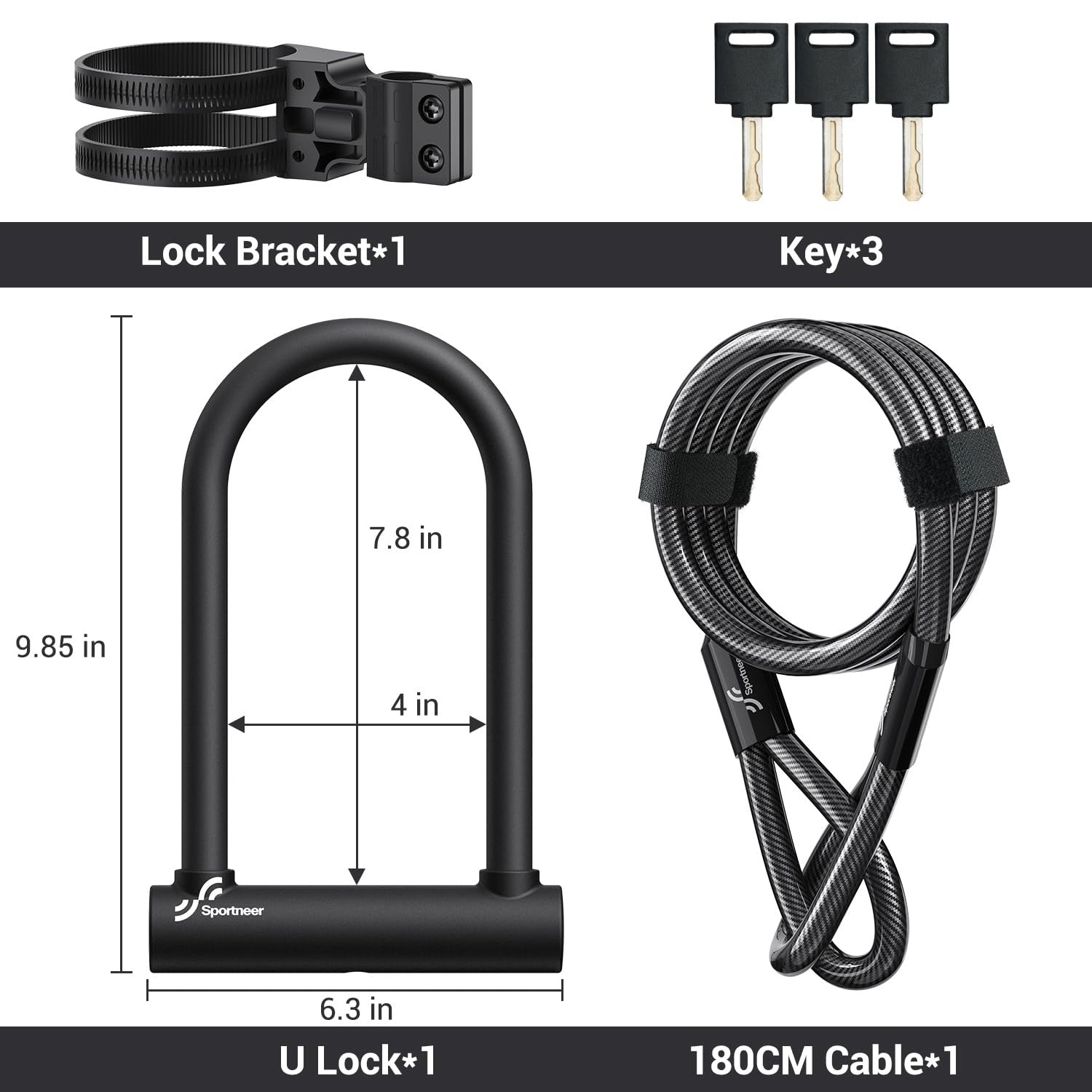 Sportneer bike U lock with 18mm shackle and security cable, heavy-duty bike lock for enhanced theft protection.
