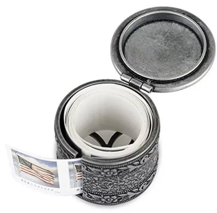United States Postal Service floral metal stamp coil dispenser holder for forever postage stamps, with decorative floral design.