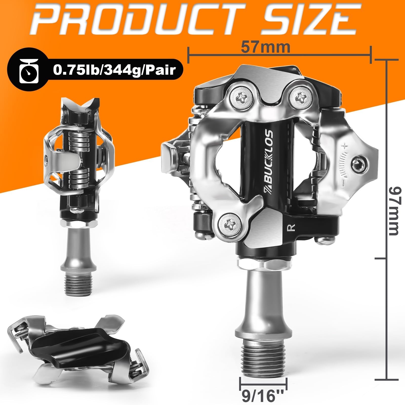 BUCKLOS SPD clipless mountain bike pedals PD-M760/M780 with dual-sided design, featuring metal clips and black body for MTB cycling.