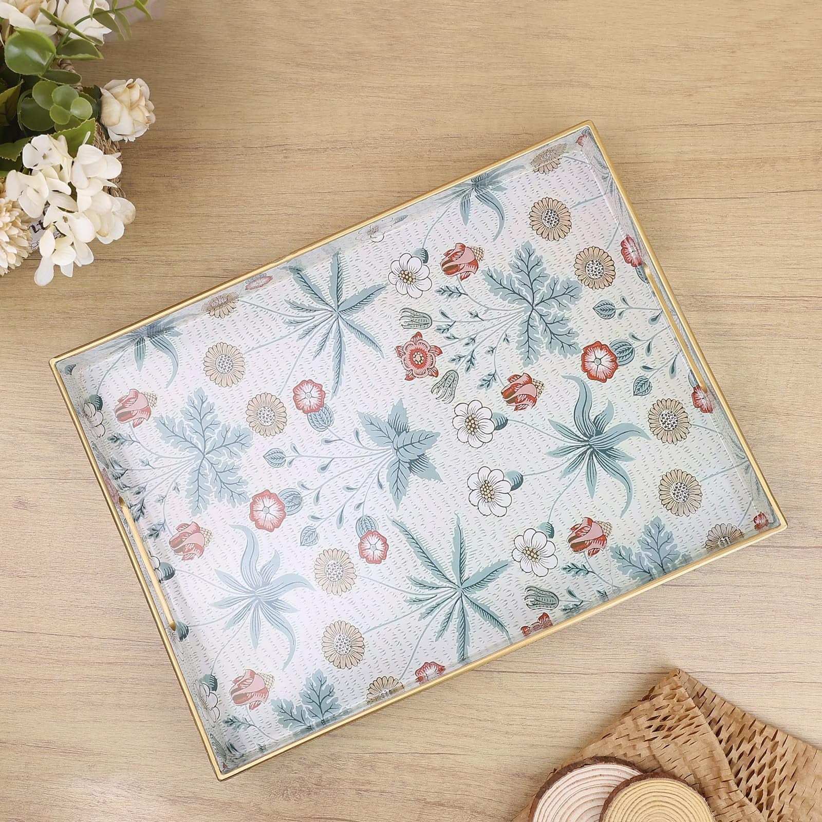 Leemxiiny rectangle serving tray with handles on a coffee table, ideal for ottoman use, made of durable material.