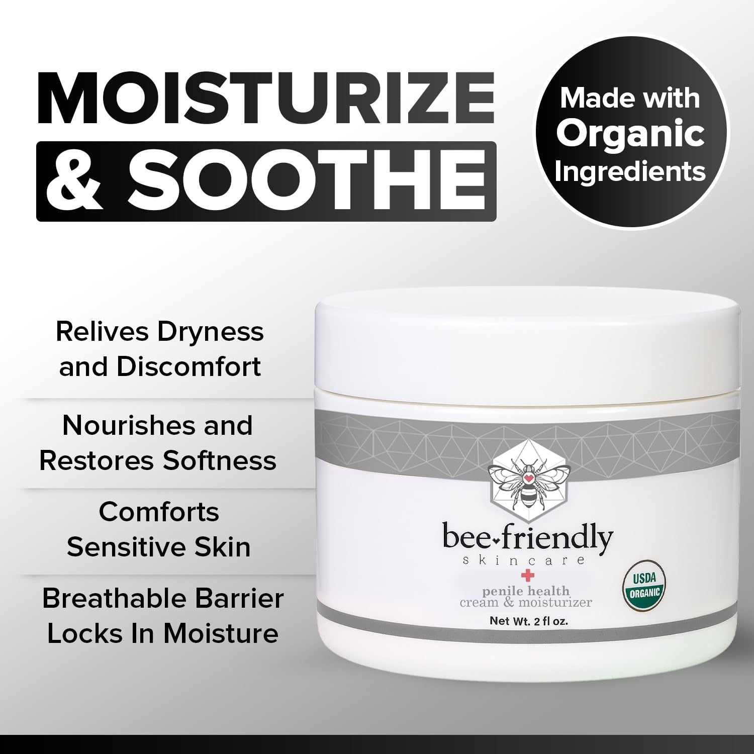 BeeFriendly Organic Penile Health Creme in 4oz jar, USDA Certified natural moisturizer with herbal ingredients for intimate skin care.