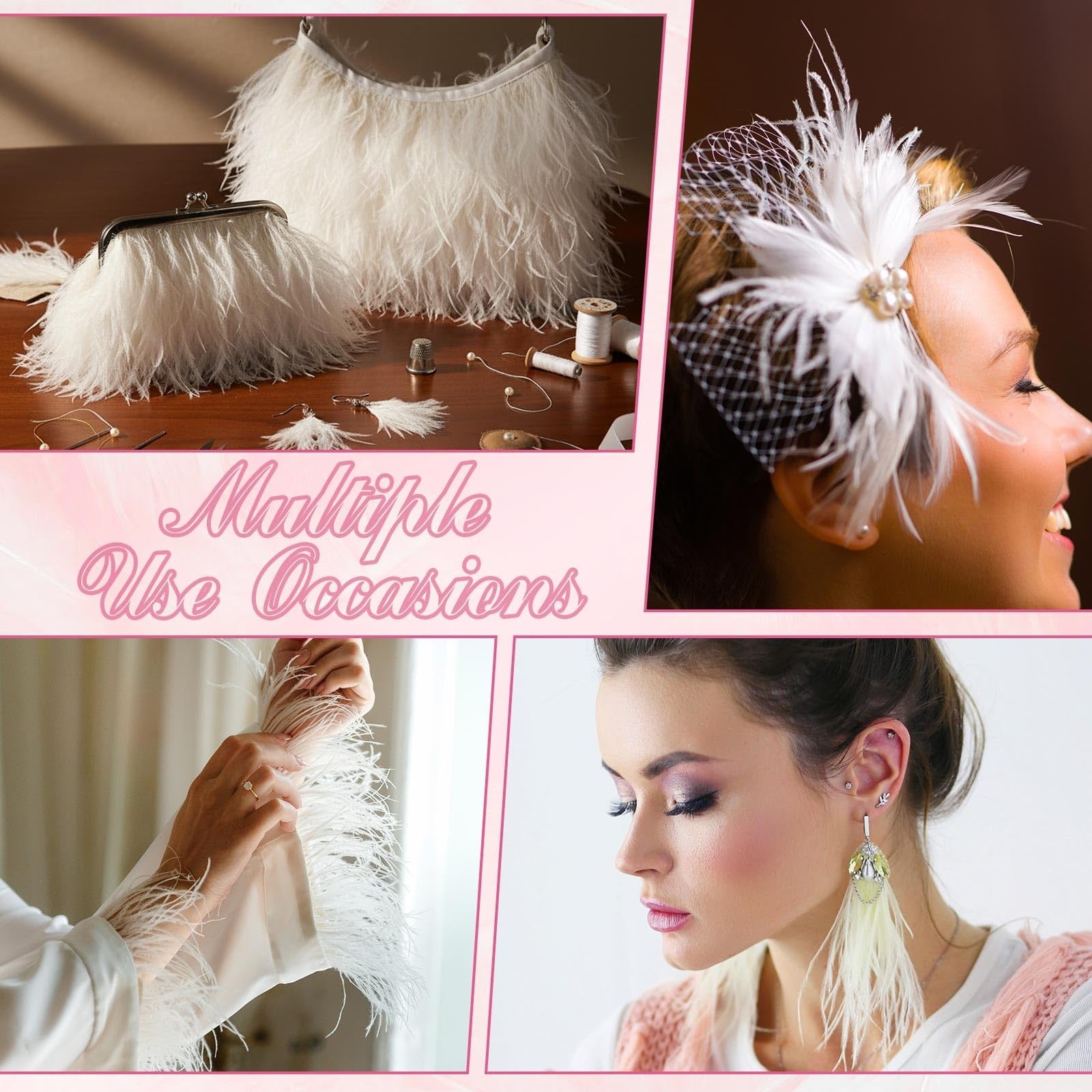 Janinka white ostrich feather trim, 10 yards, 3-4 inch fluffy feathers for crafts, fashion, or costume embellishments