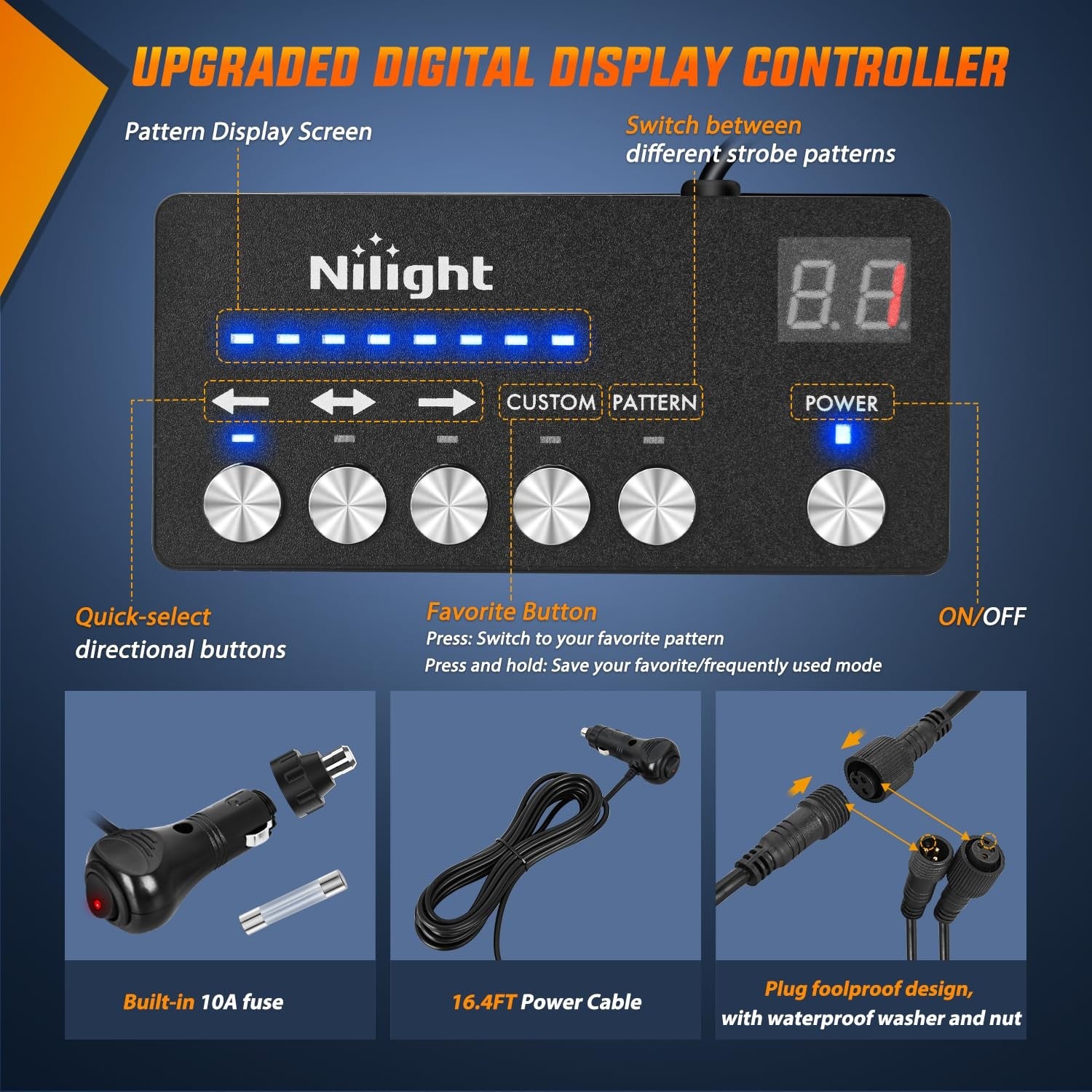 Nilight 144LED traffic advisor strobe light bar with controller in red emergency mode, mounted on a vehicle roof.
