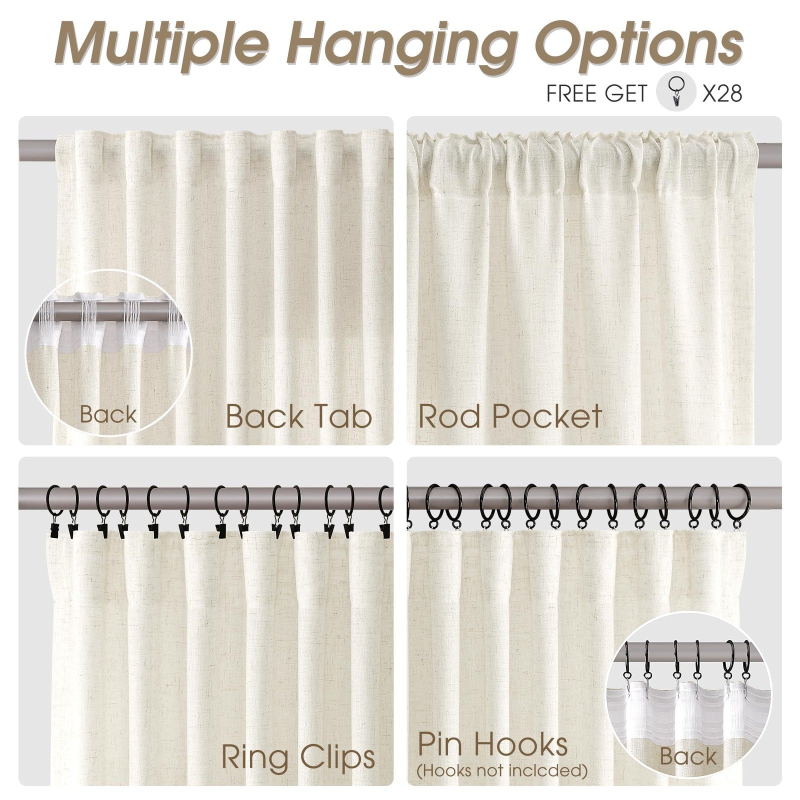 Nanspring natural extra long linen curtains in 132-inch length hanging in a living room window with soft natural light