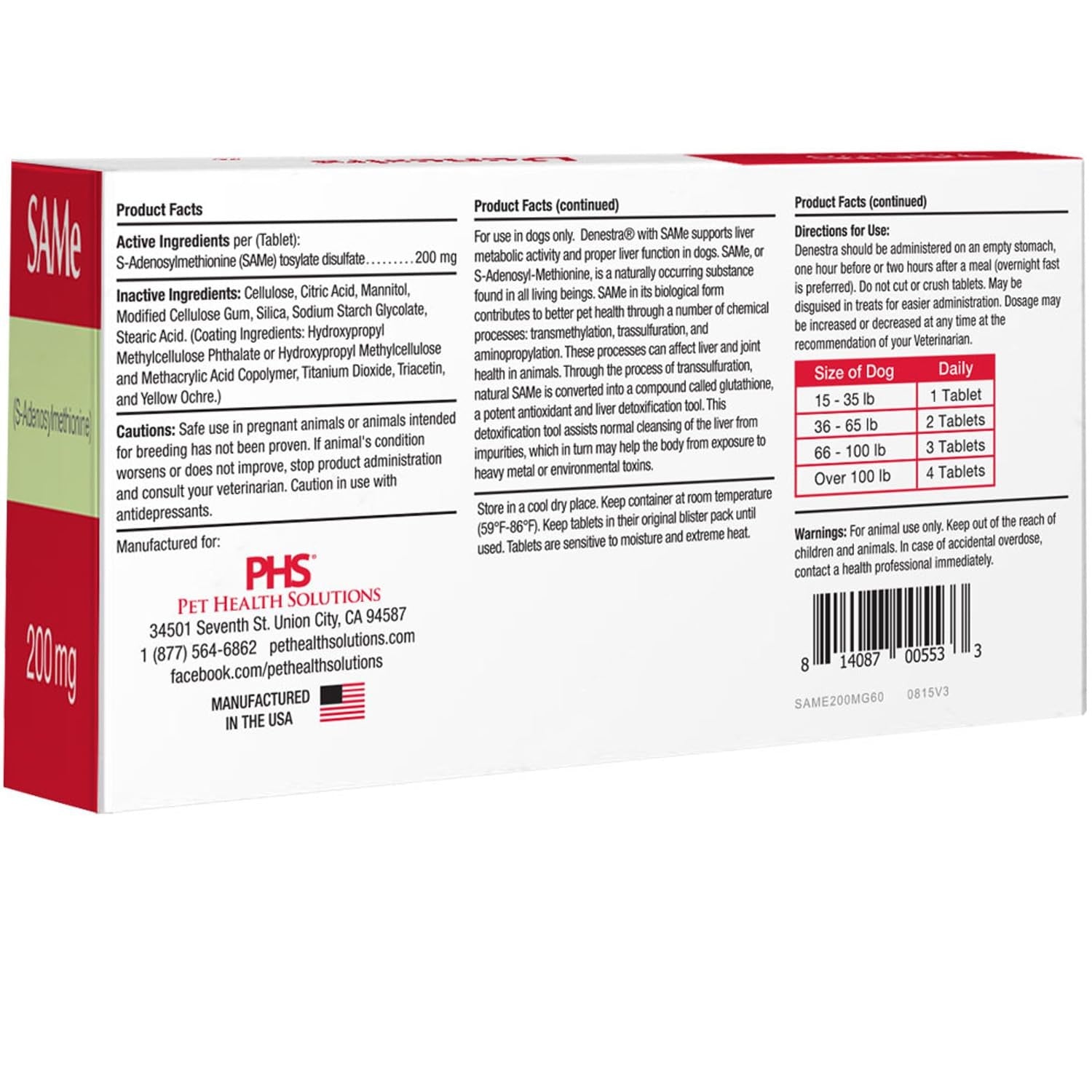 Denestra Liver and joint supplement for dogs featuring S-Adenosyl-L-Methionine, shown in a container with tablets.
