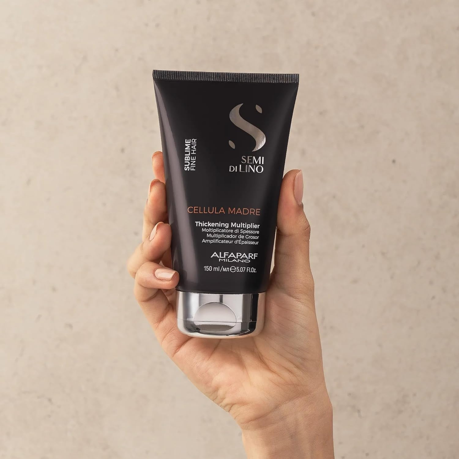 ALFAPARF MILANO Semi di Lino Sublime Cellula Madre Thickening Multiplier for fine hair, showing the product bottle with label and cap