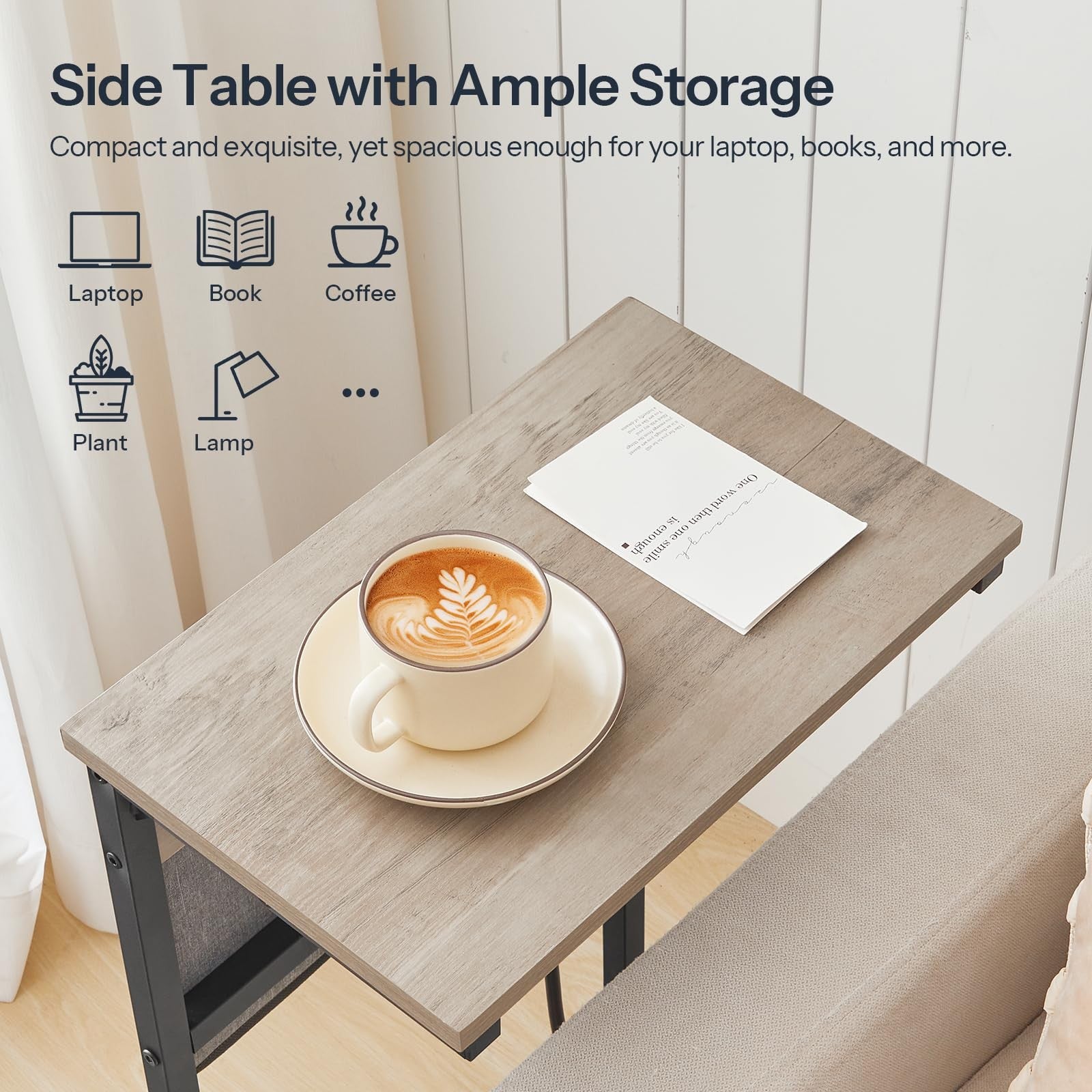 HOOBRO C-shaped end table with charging station, 28-inch tall couch table for living room, featuring a sleek modern design.