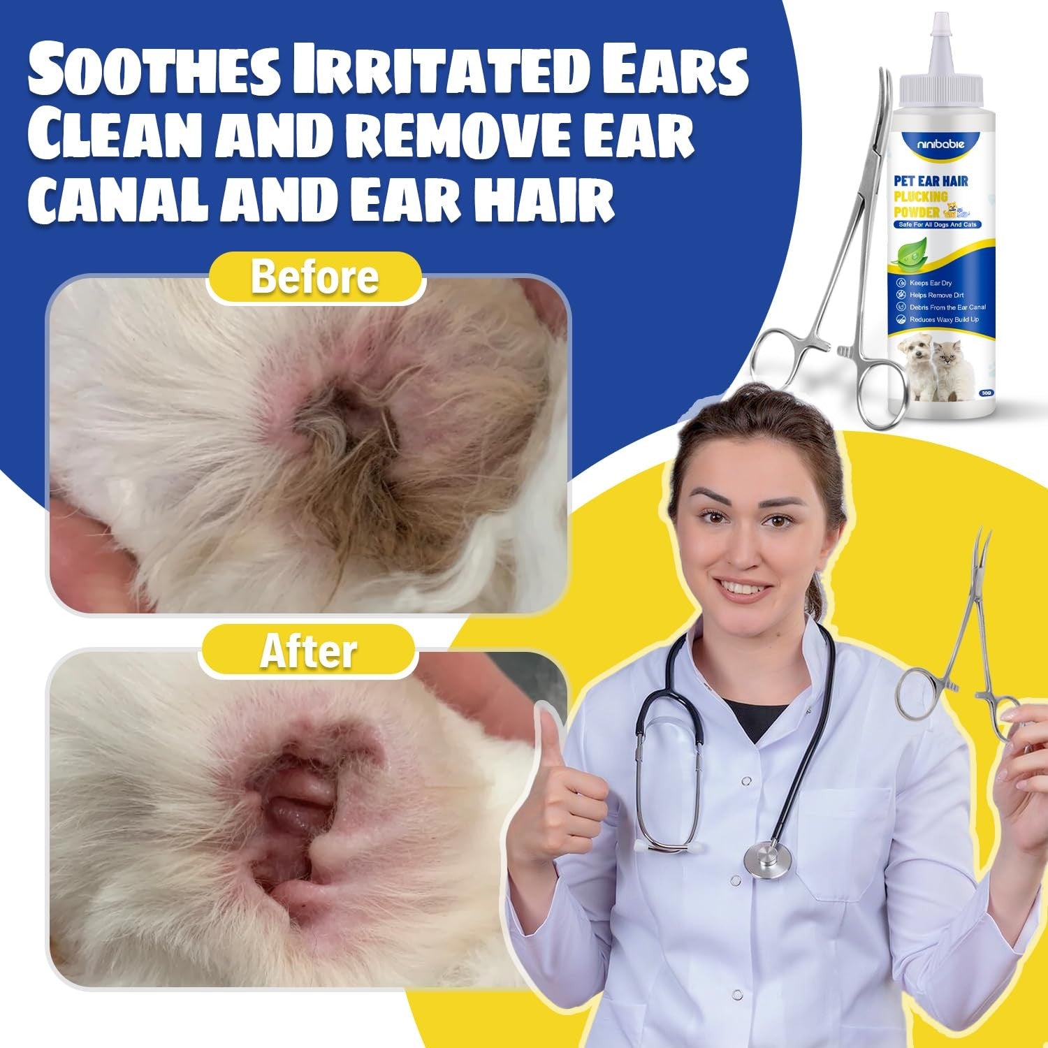 Ninibabie Dog Ear Powder Hair Removal with 5.5-inch curved hemostat for gentle ear cleaning and hair removal in pets.