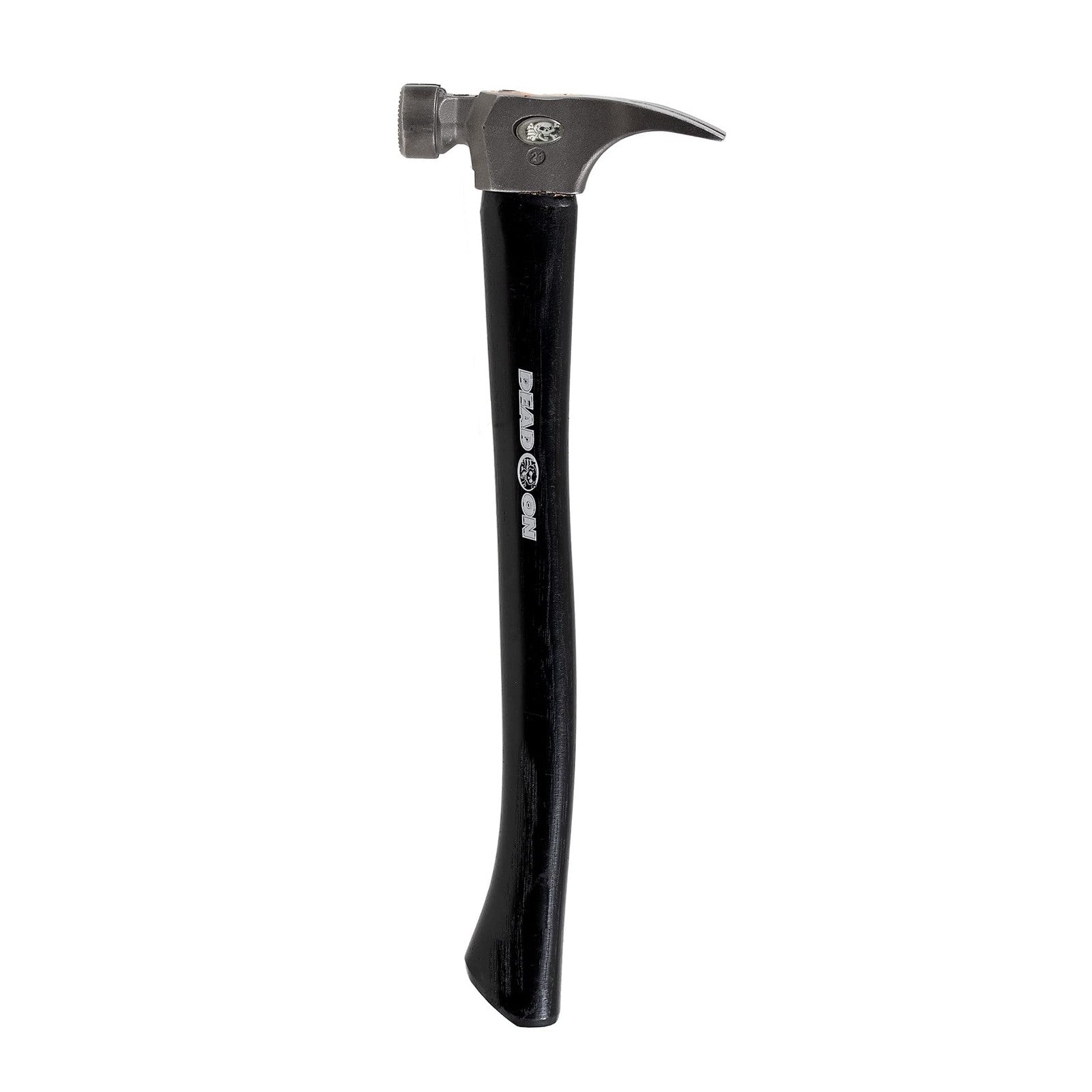 Dead On 16-inch curved Hickory handle wood hammer with a 21oz head, showcasing its sturdy wooden construction and ergonomic design.