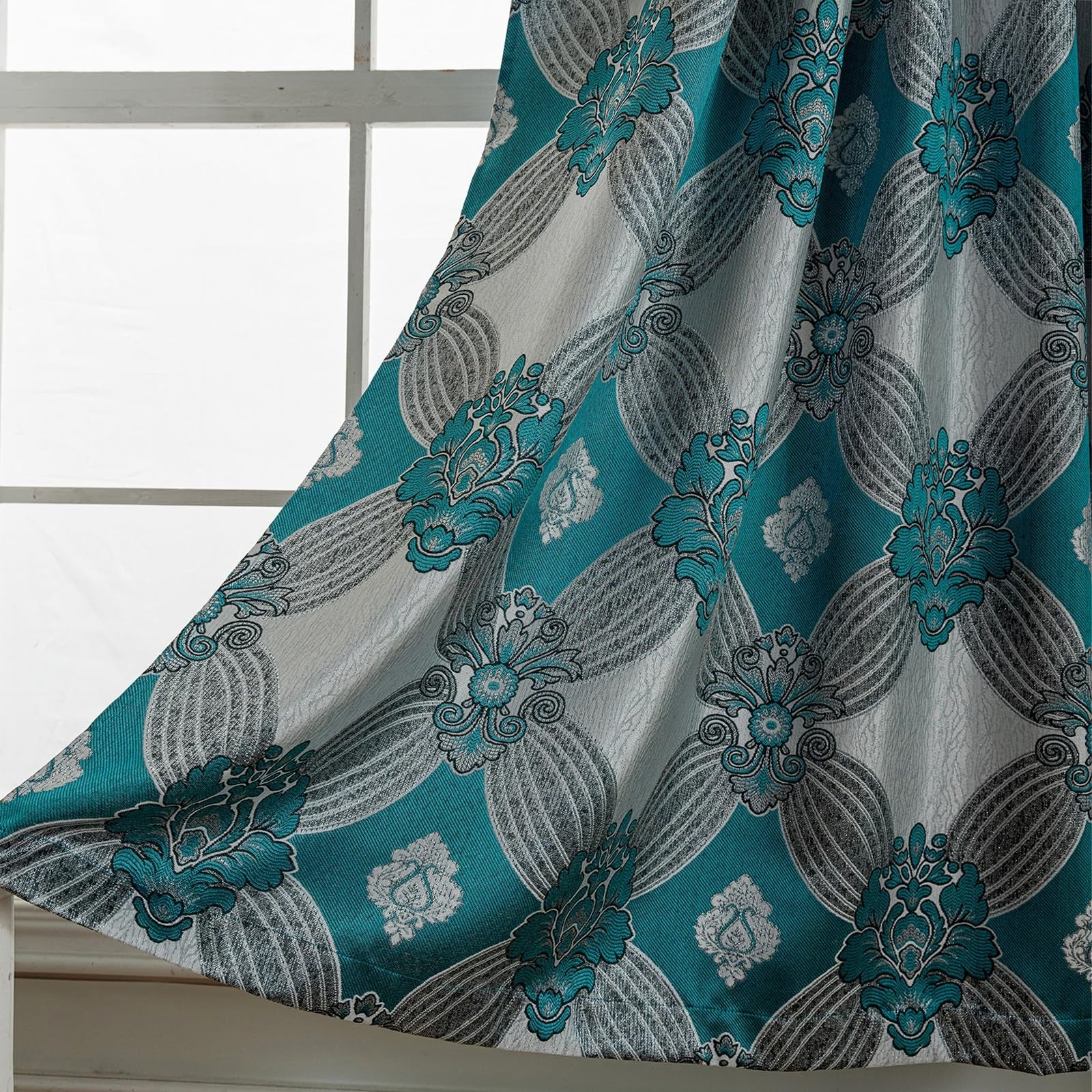 Petrichor elegant curtains with gold and silver threads, 2-panel set, luxurious window treatment with intricate woven details.