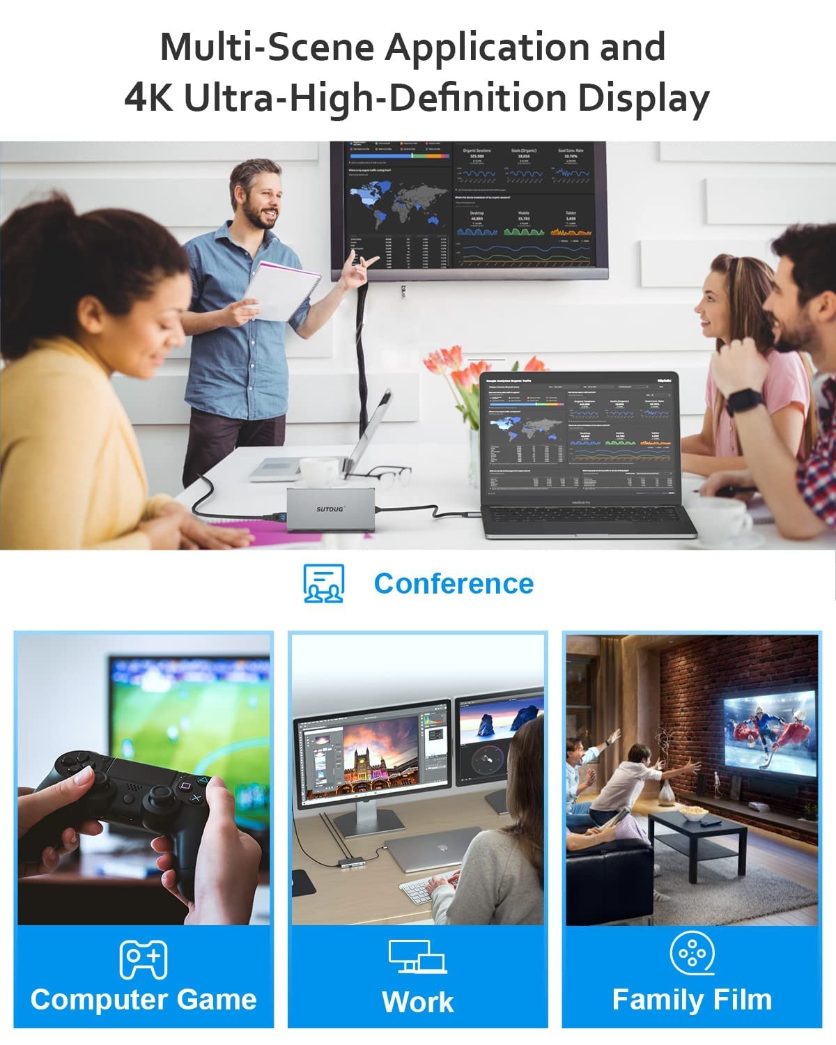 SUTOUG 12-in-1 USB C hub docking station with triple display ports and HDMI connection for MacBook Pro and Windows laptops.