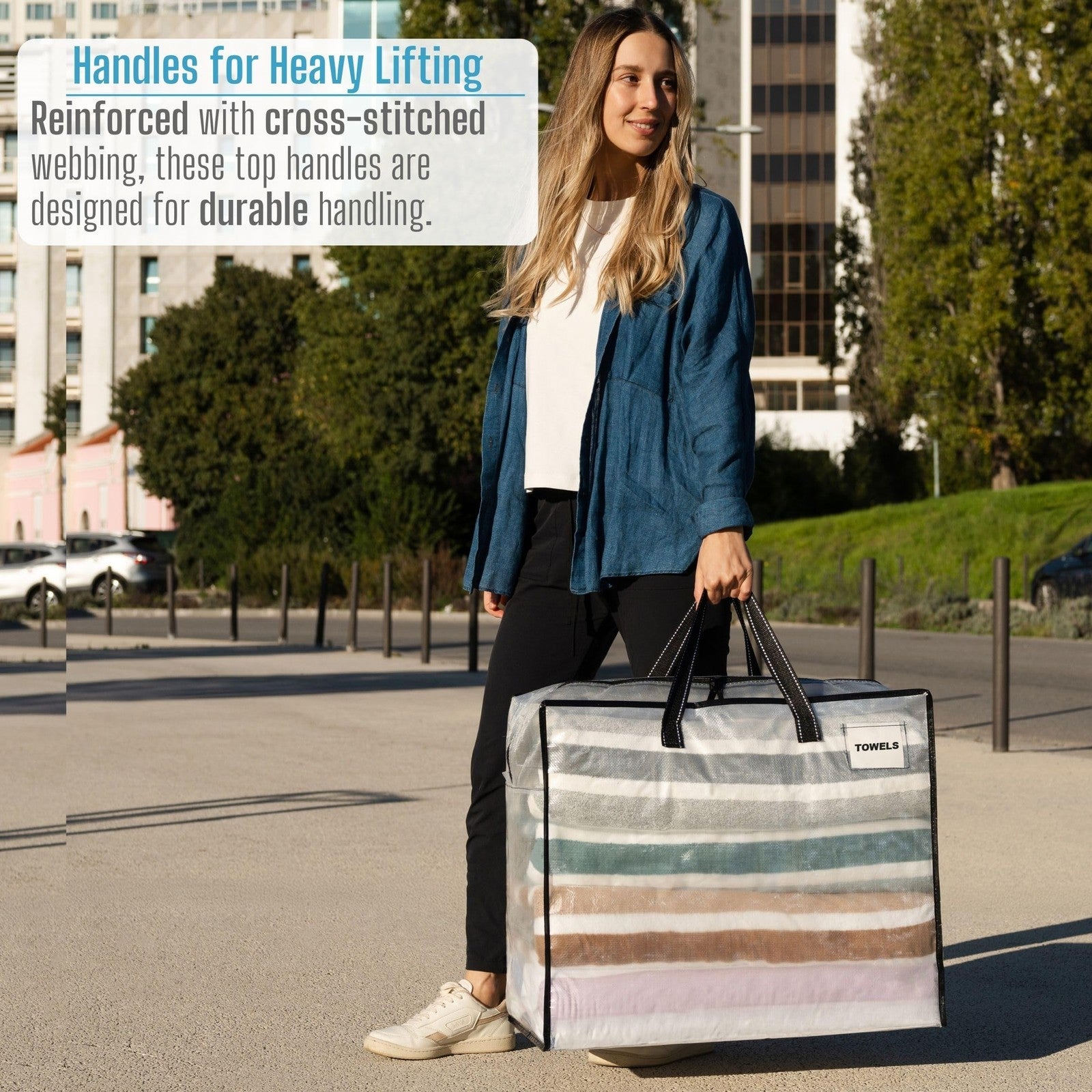 Set of four VENO moving bags with zipper tops for Christmas storage, durable fabric storage totes for holiday organization.