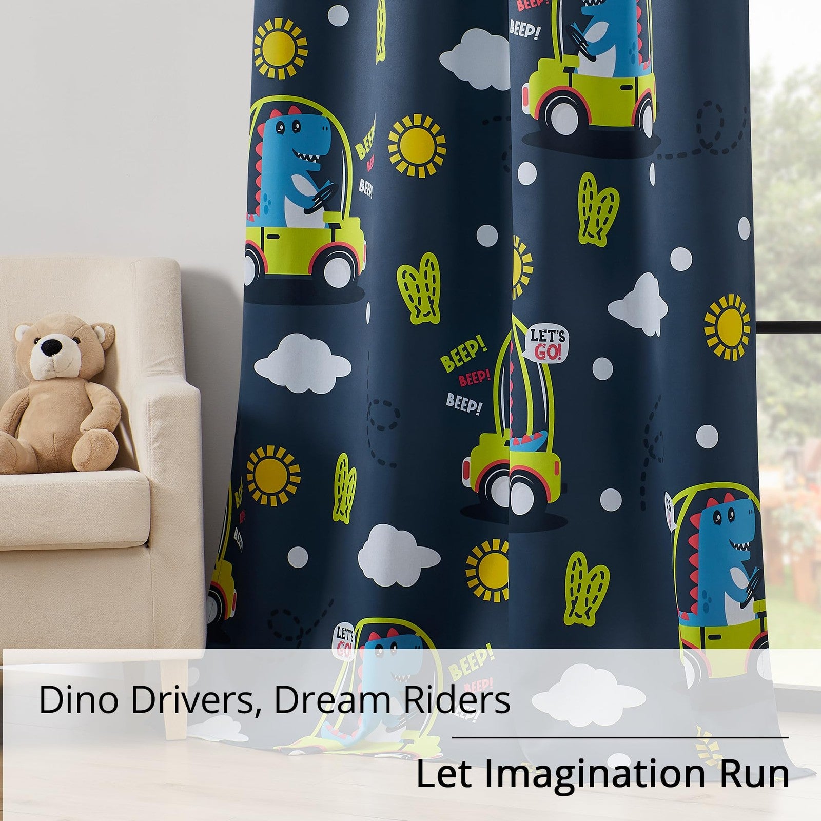 BOHOMOCASA Kids Dinosaur Blackout Curtains, 2 panels with dinosaur print, W52 x L84 each, made of 100% blackout fabric