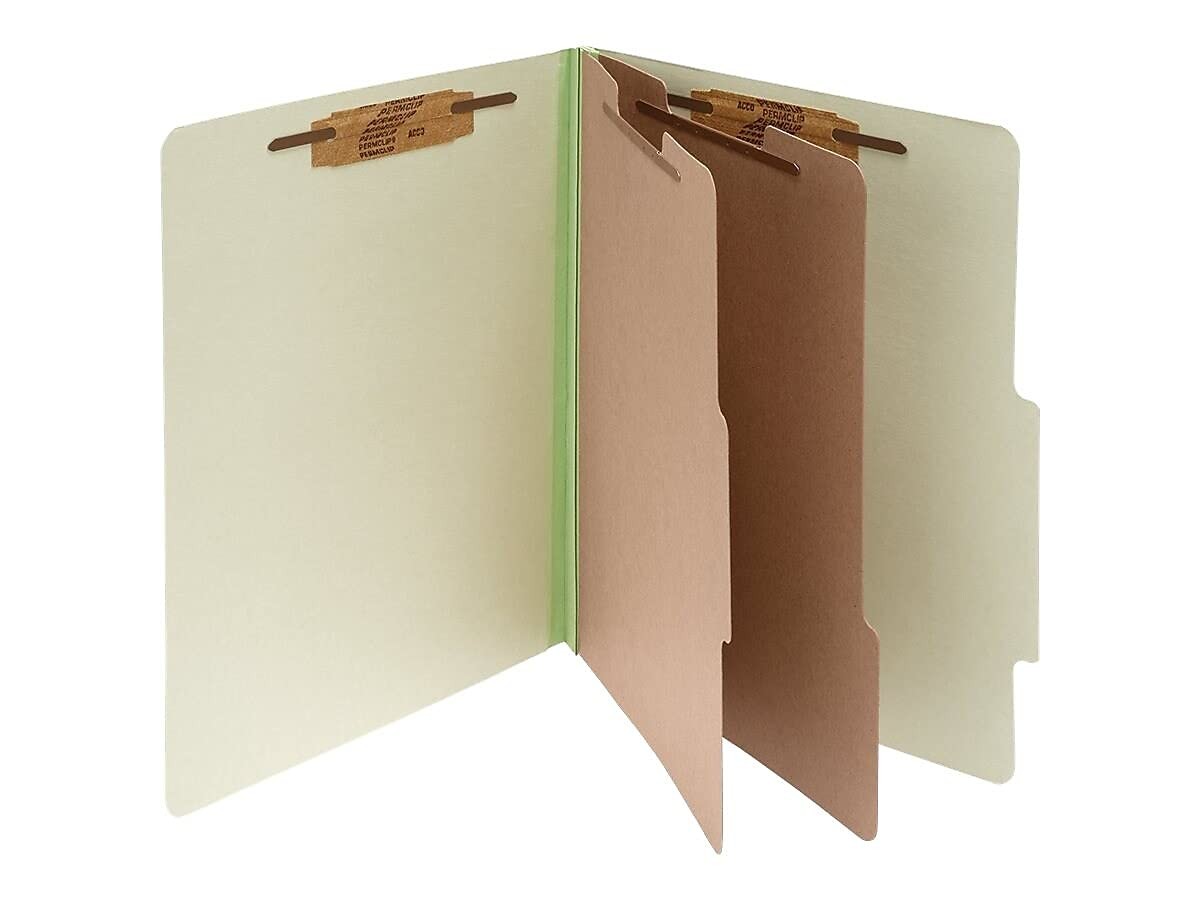 ACCO Brands classification folder with fasteners, pressboard material, 6-part letter size for organized document storage.
