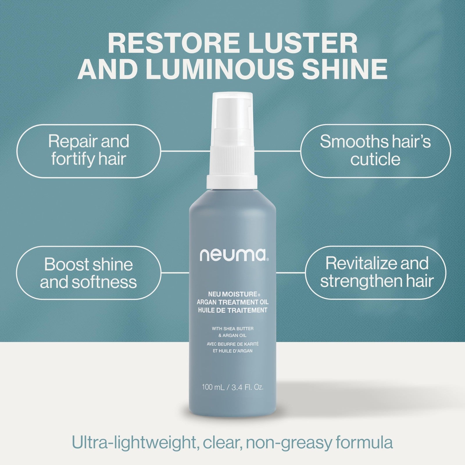 Neuma Neu Moisture Argan Treatment Oil bottle with pump dispenser, designed for nourishing hair with argan oil.