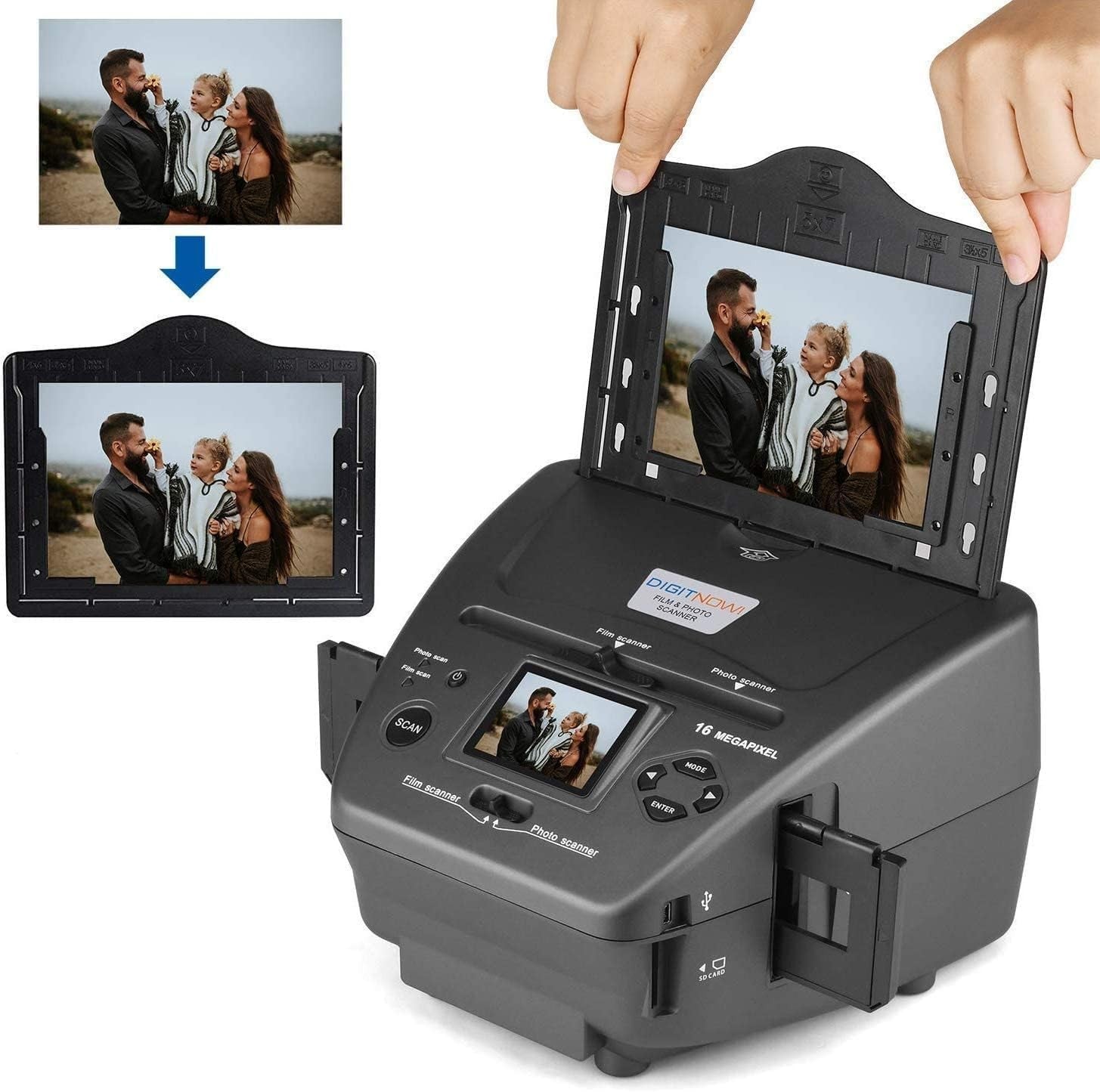 Unbranded Digitpro digital film photo scanner converting 35mm slides and negatives, showing the device with slide tray and control buttons.