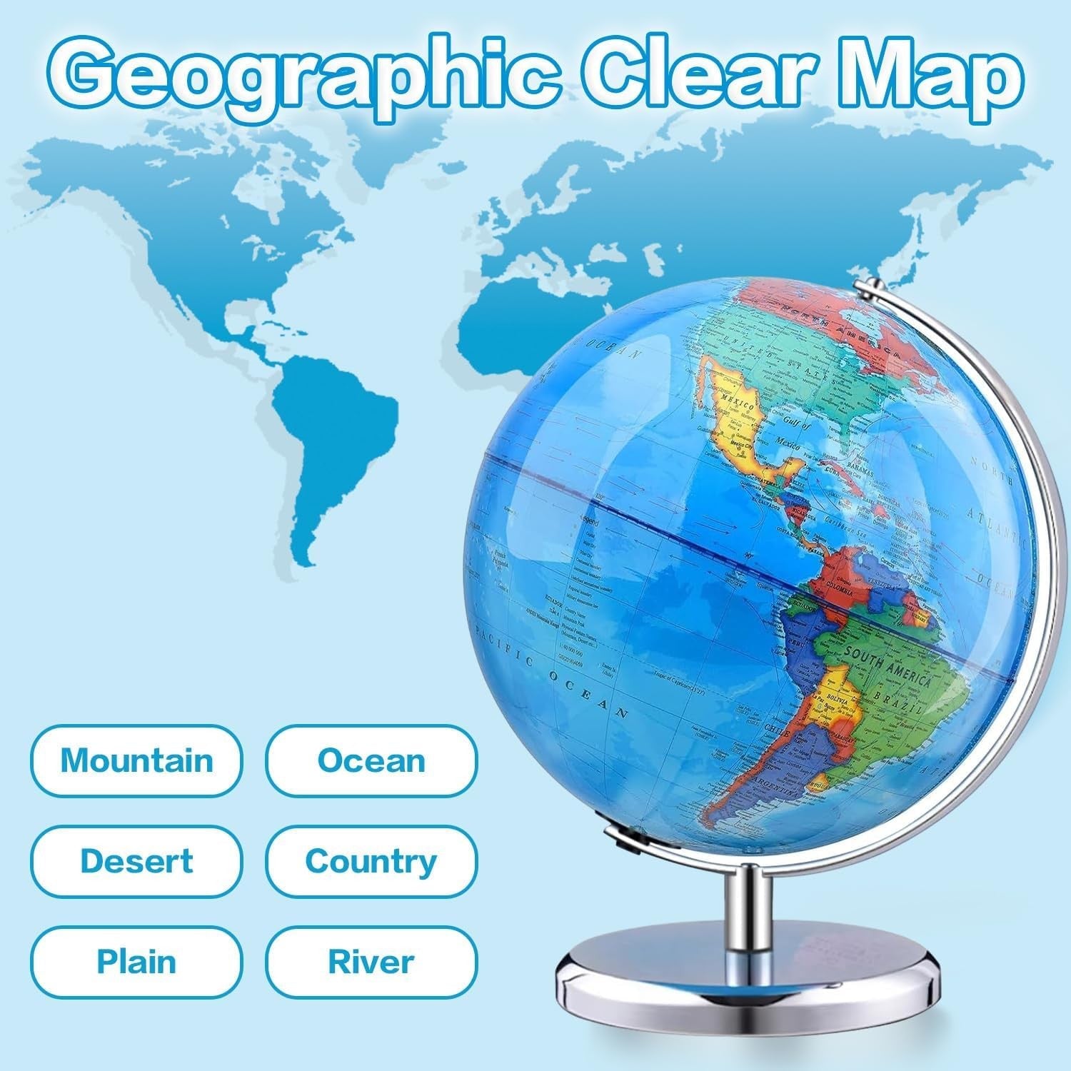 TTKTK World Globe with stainless steel stand, rotating spinning globe displaying detailed map of Earth on a sleek stand.