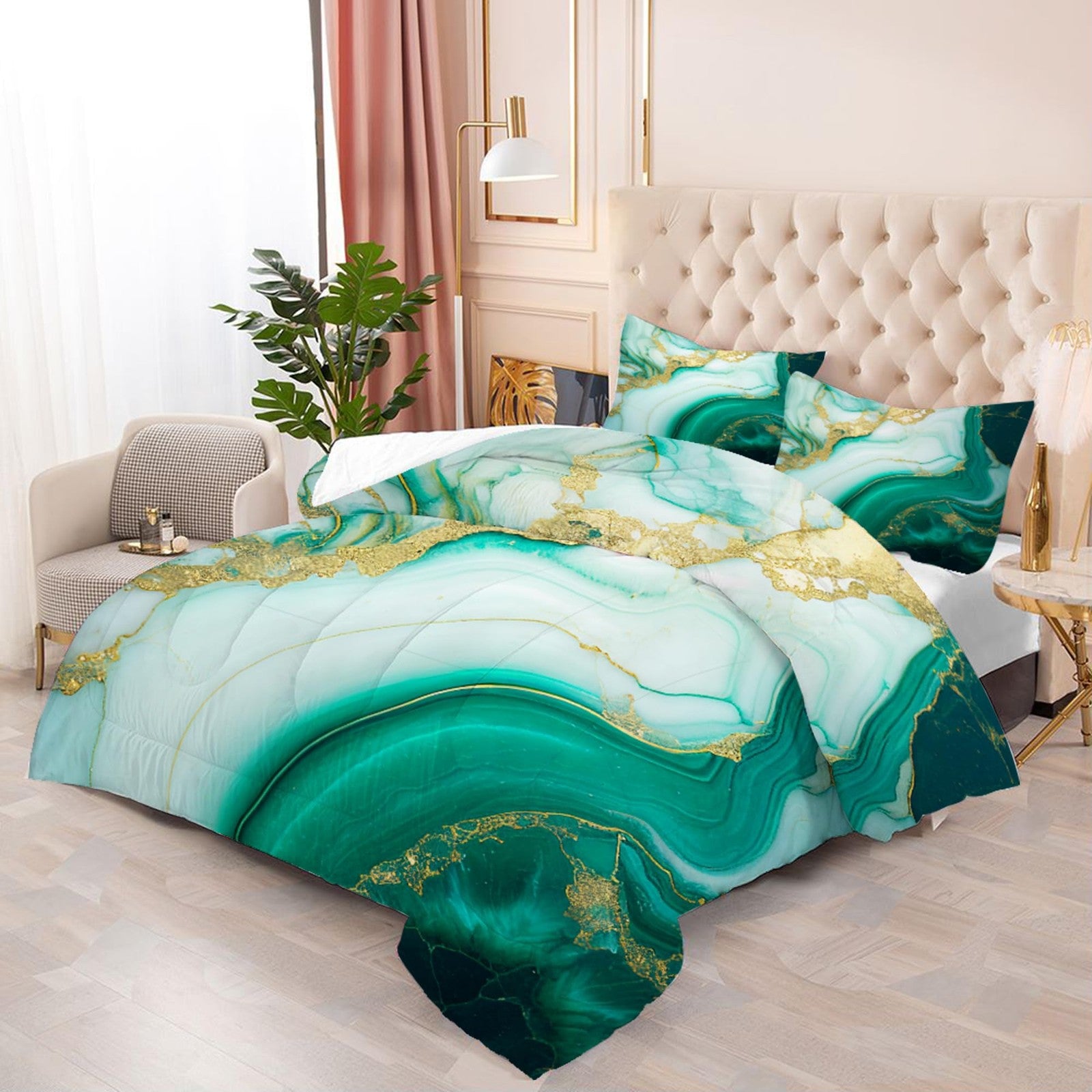 King size EDGZKO comforter set featuring emerald green marble pattern with gold glitter accents on soft bedding fabric.