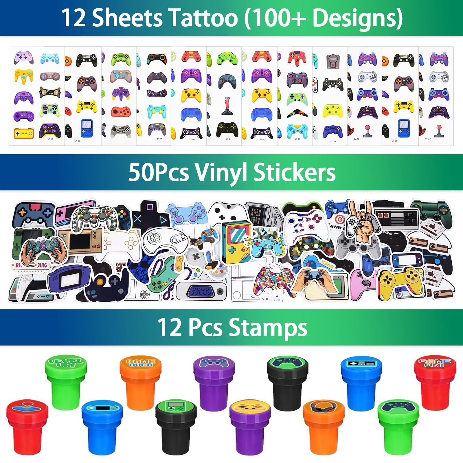 We1stdsee 158-piece video game party favors kit with gamer goodie bags for 12 guests, includes gaming-themed prizes and accessories.