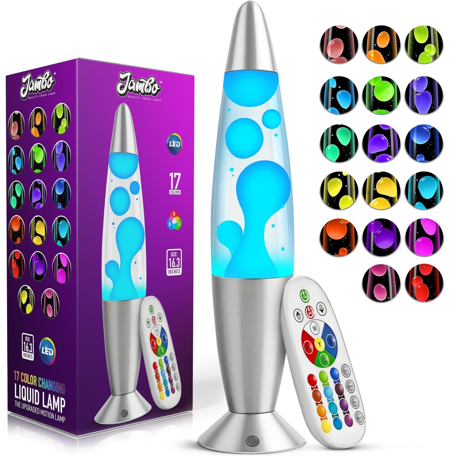 JAMBO 17-color changing LED motion lamp with remote control, 16-inch colorful light for kids and teens, in a modern design.