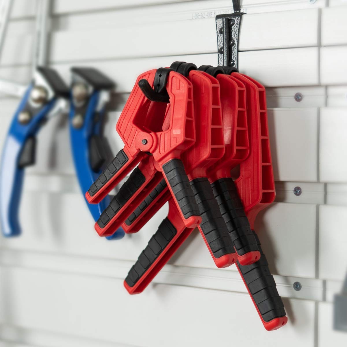 POWERTEC 72208 Deluxe quick release strap clamps and spring clamps set for woodworking, with adjustable handles and secure grip.