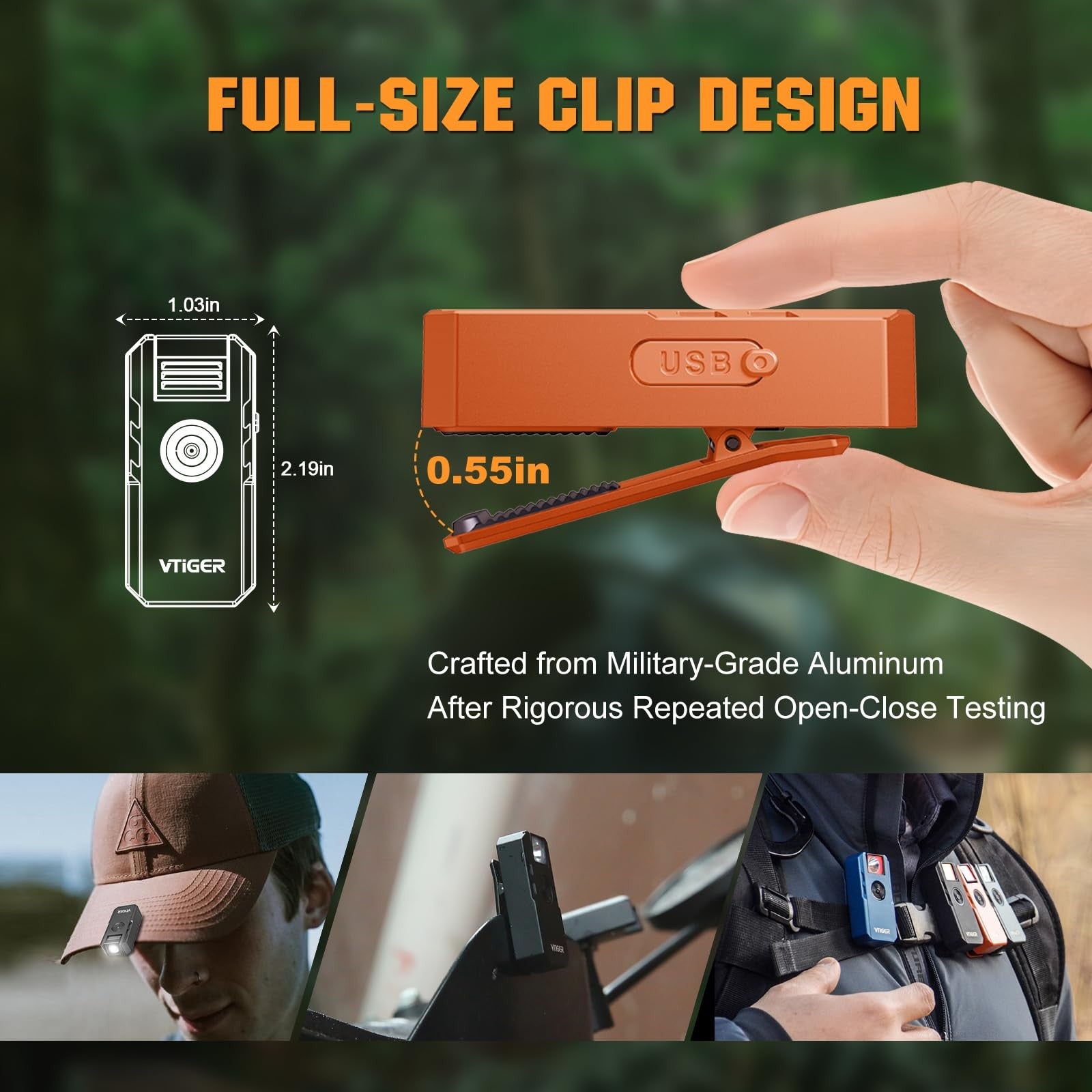 VTIGER C1 rechargeable EDC flashlight with clip, 1300 lumens, compact portable design, black body, versatile for everyday carry.