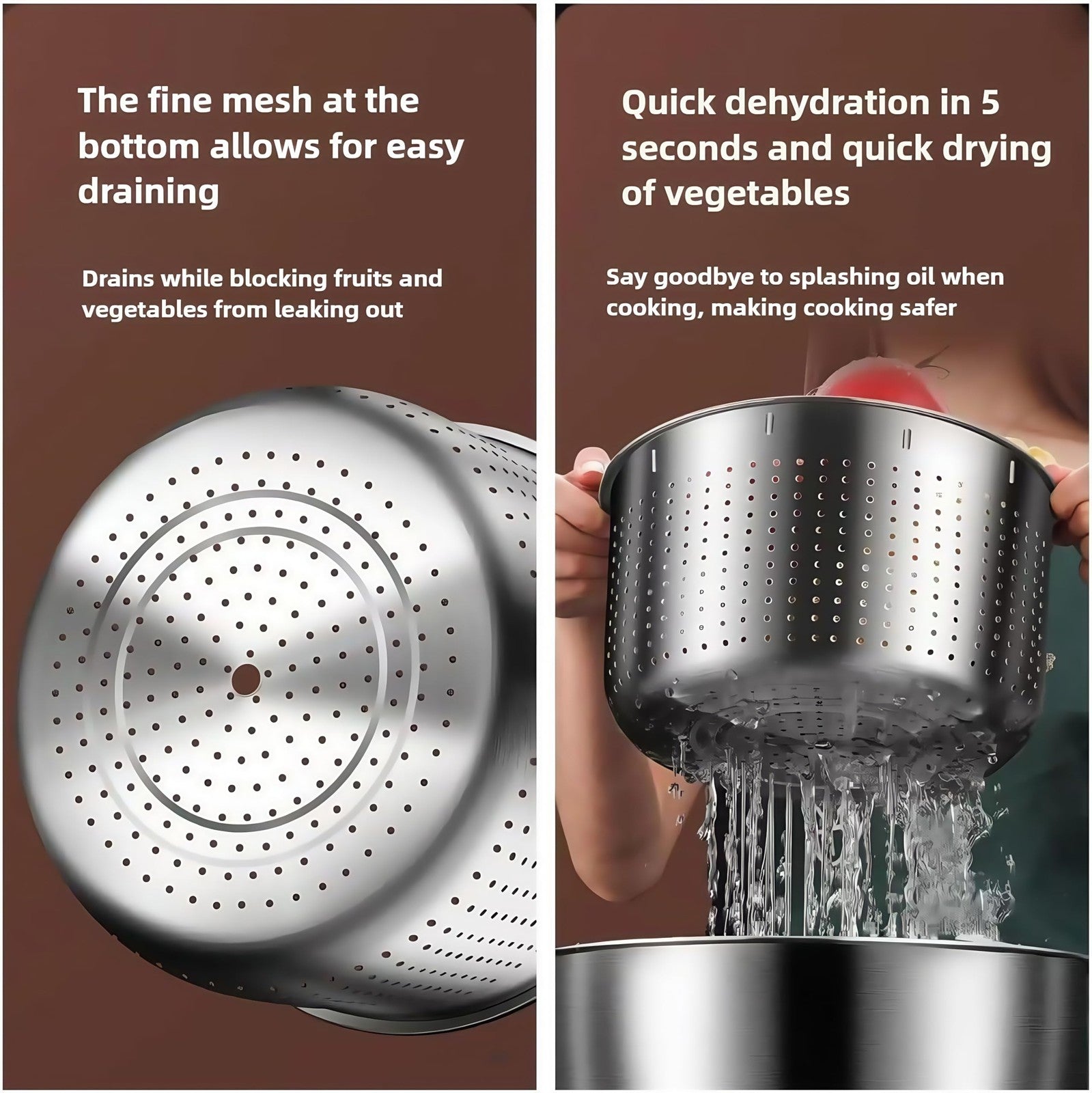 6L stainless steel salad spinner for washing and drying lettuce, vegetables, and fruit, with ergonomic handle and durable design.