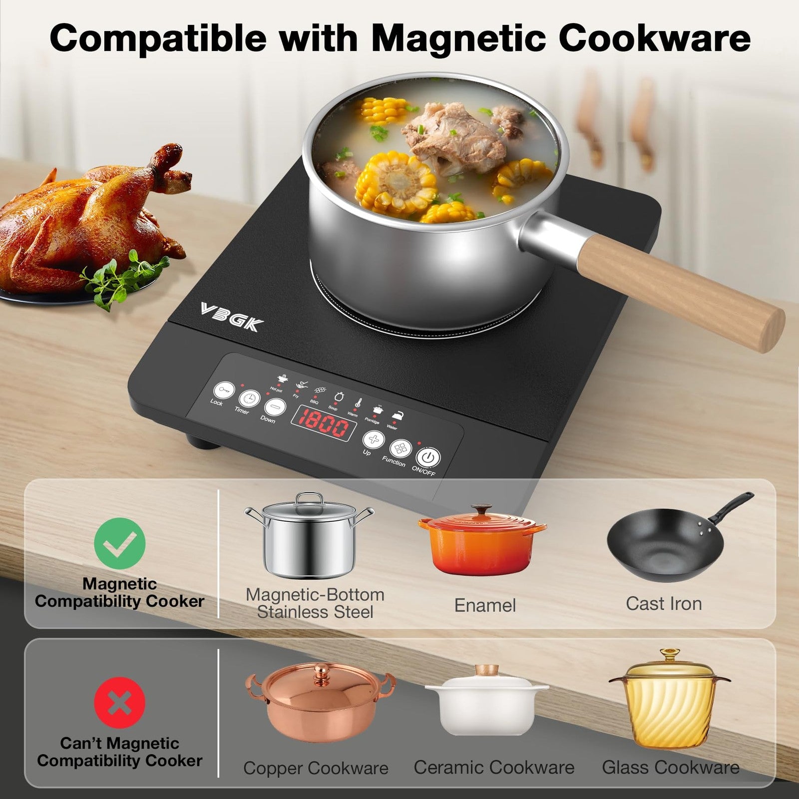 VBGK portable induction cooktop with a sleek black surface, single burner, 1800W power, and digital control panel.