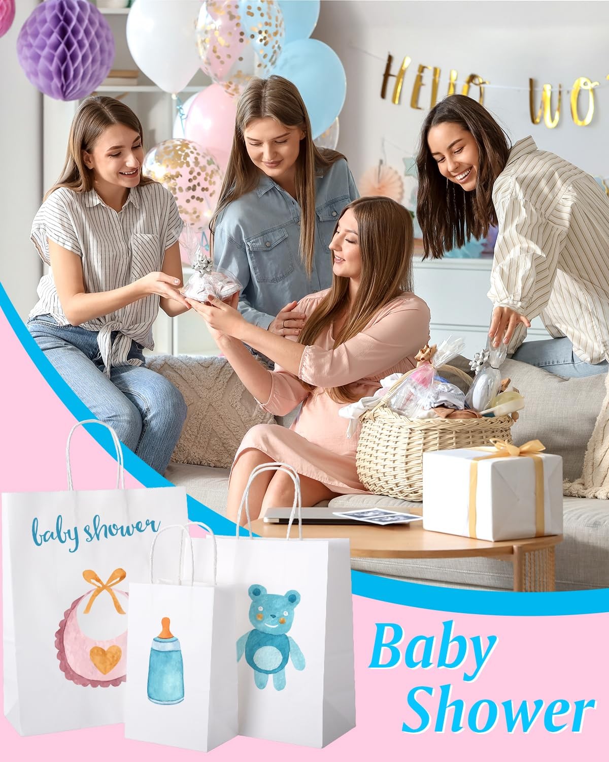 OUTUXED 100 white Kraft paper gift bags with handles in three sizes, ideal for retail and party gifting.