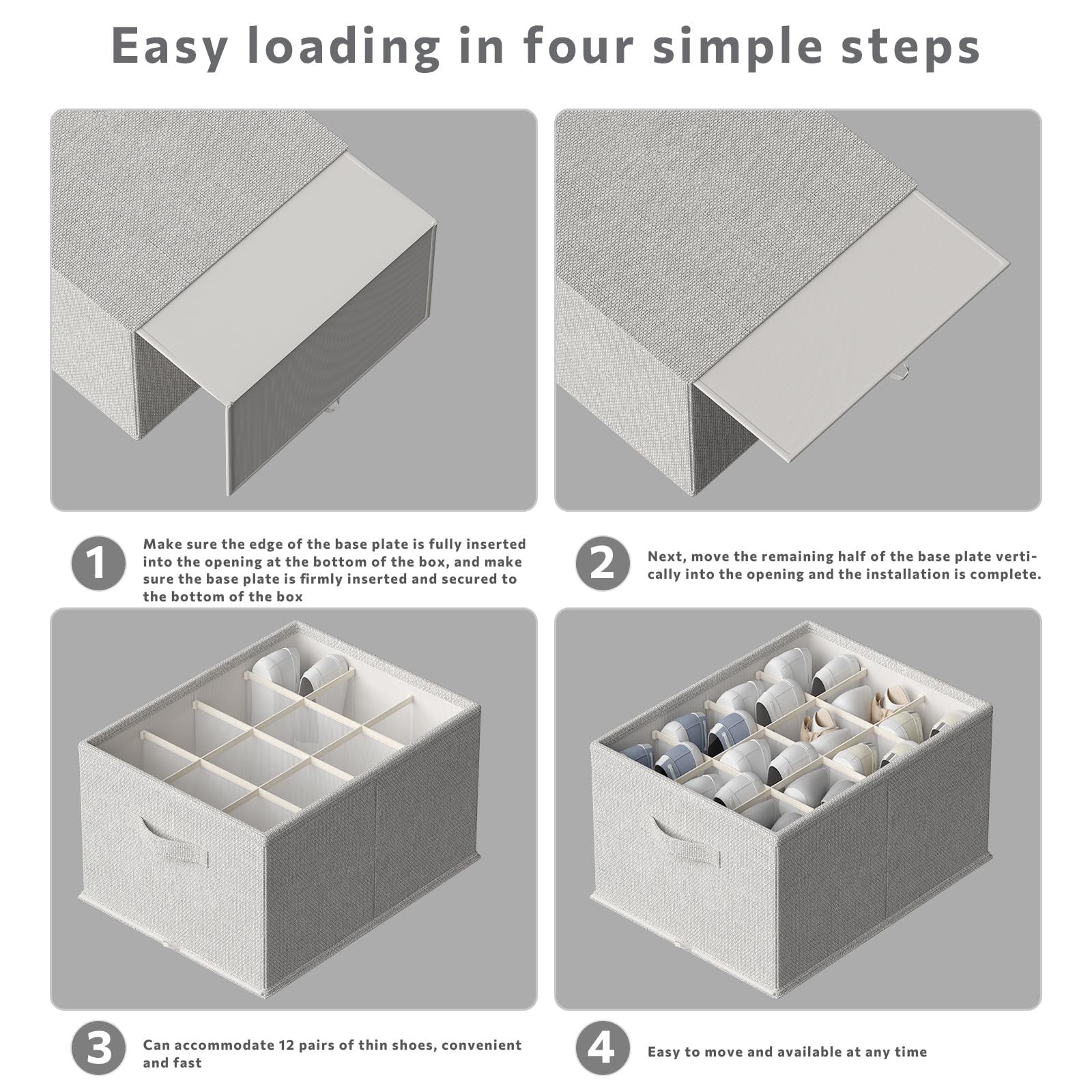 FHSQX 4-pack foldable shoe organizer containers for closet storage, designed to hold up to 48 pairs of shoes.