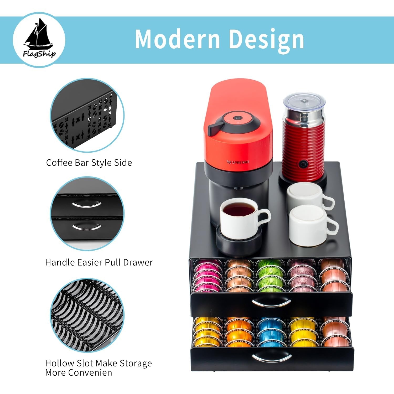 FlagShip Vertuo pod holder coffee storage organizer with large capacity for Nespresso Vertuo capsules, black plastic design.