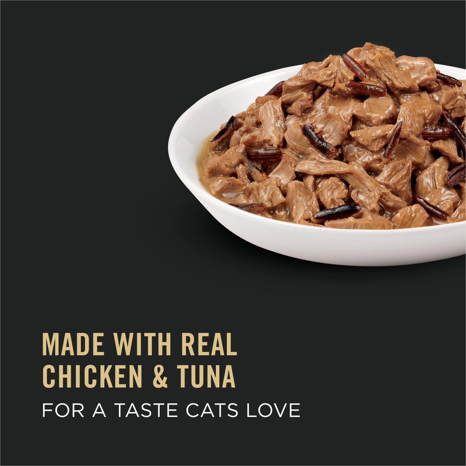 Cans of Purina Pro Plan wet cat food with chicken, tuna, and wild rice in sauce, showing colorful packaging and food inside.