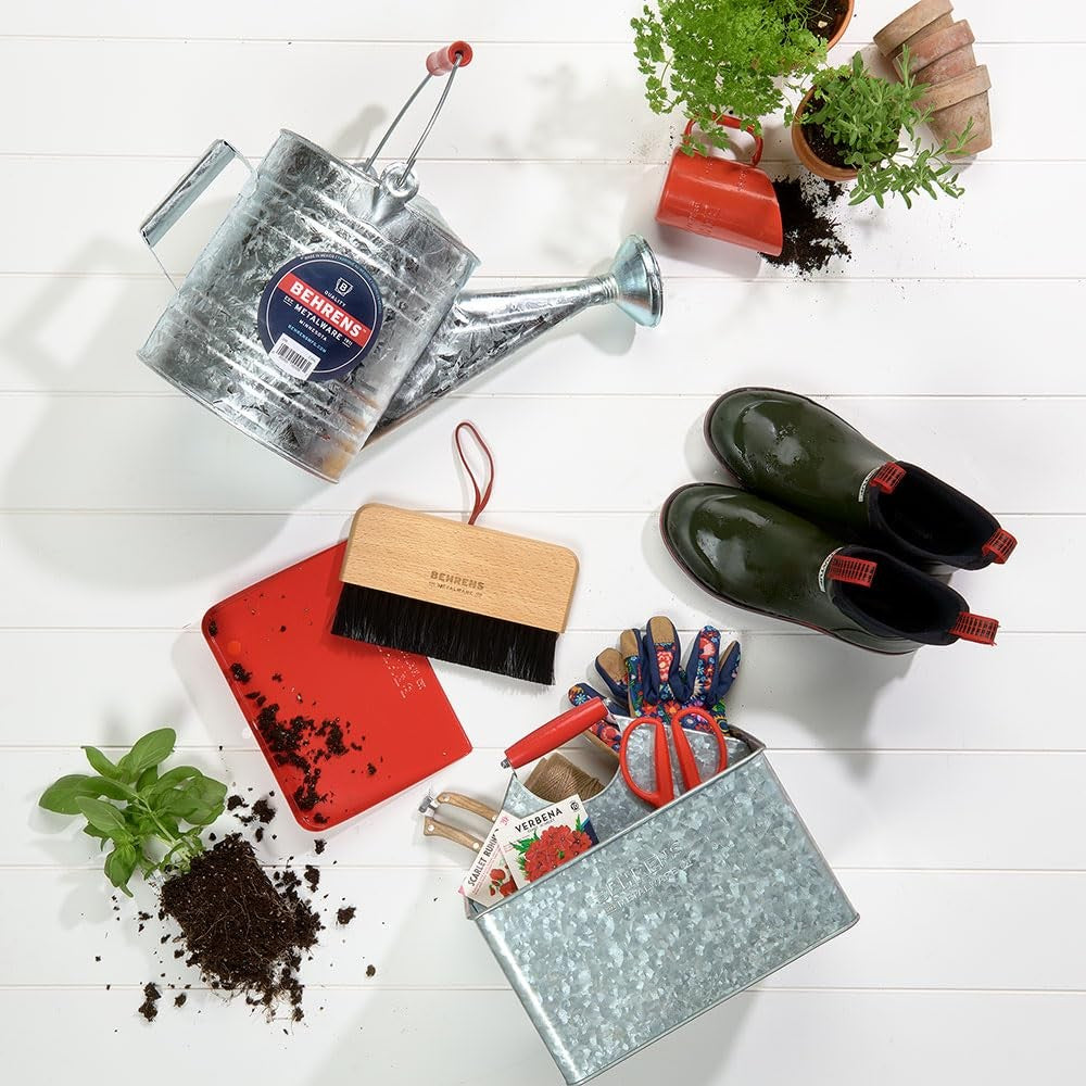 Behrens galvanized rectangular partitioned cleaning caddy with red handle, durable metal storage for cleaning supplies.