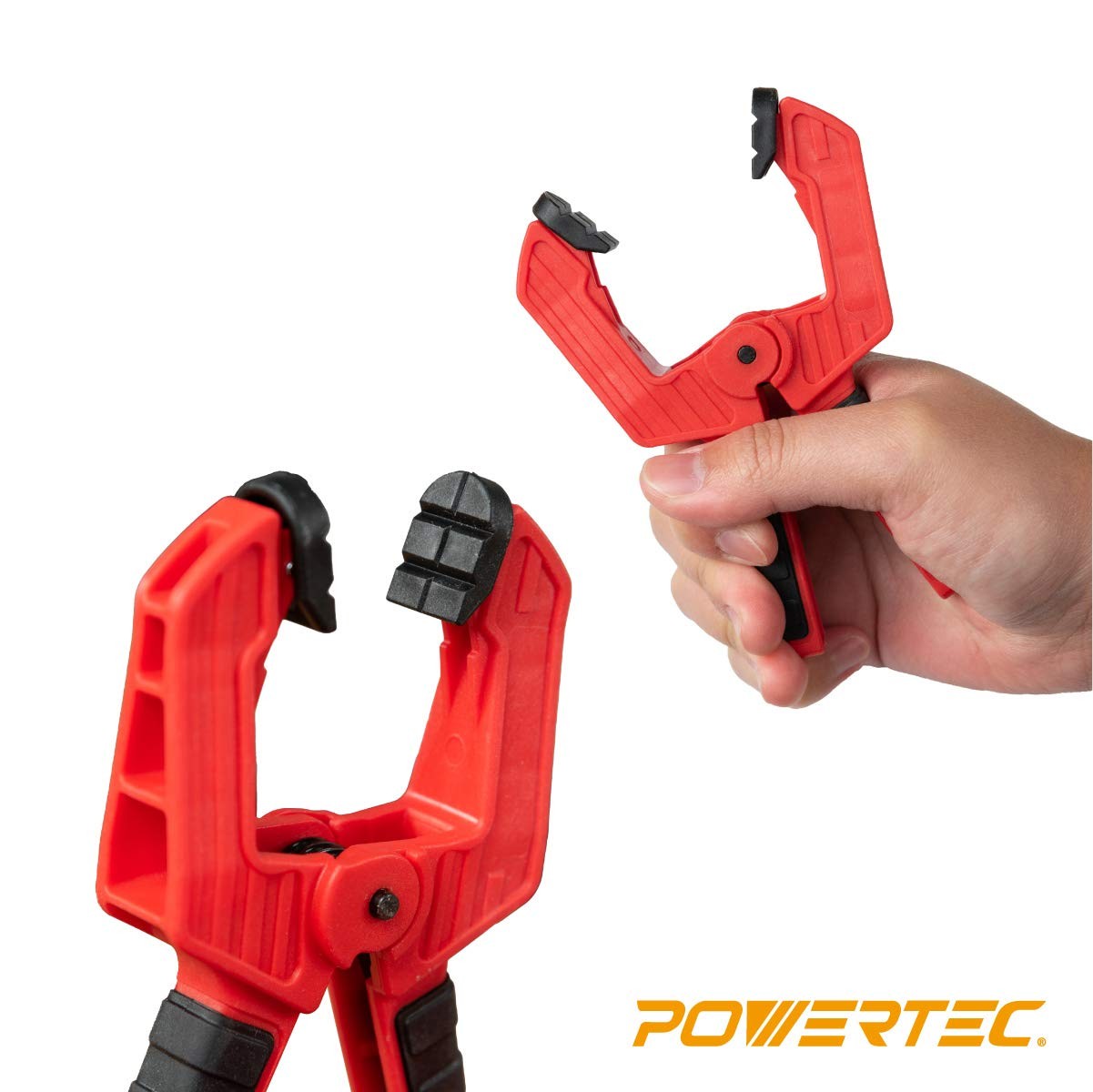 POWERTEC 72208 deluxe quick release strap clamp and spring clamps set for woodworking, shown in a workshop setting.