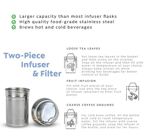 London Sip 25 oz travel mug with tea infuser, stainless steel water bottle, and multi-function lid for hot and cold beverages.