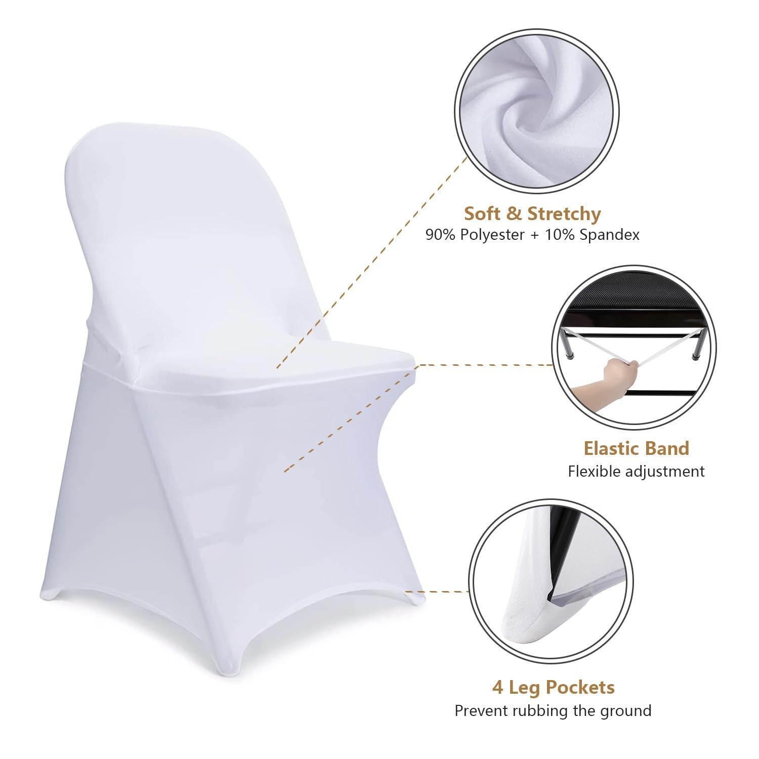 ManMengJi white spandex folding chair cover fitted on a banquet chair, ideal for wedding and party decor.