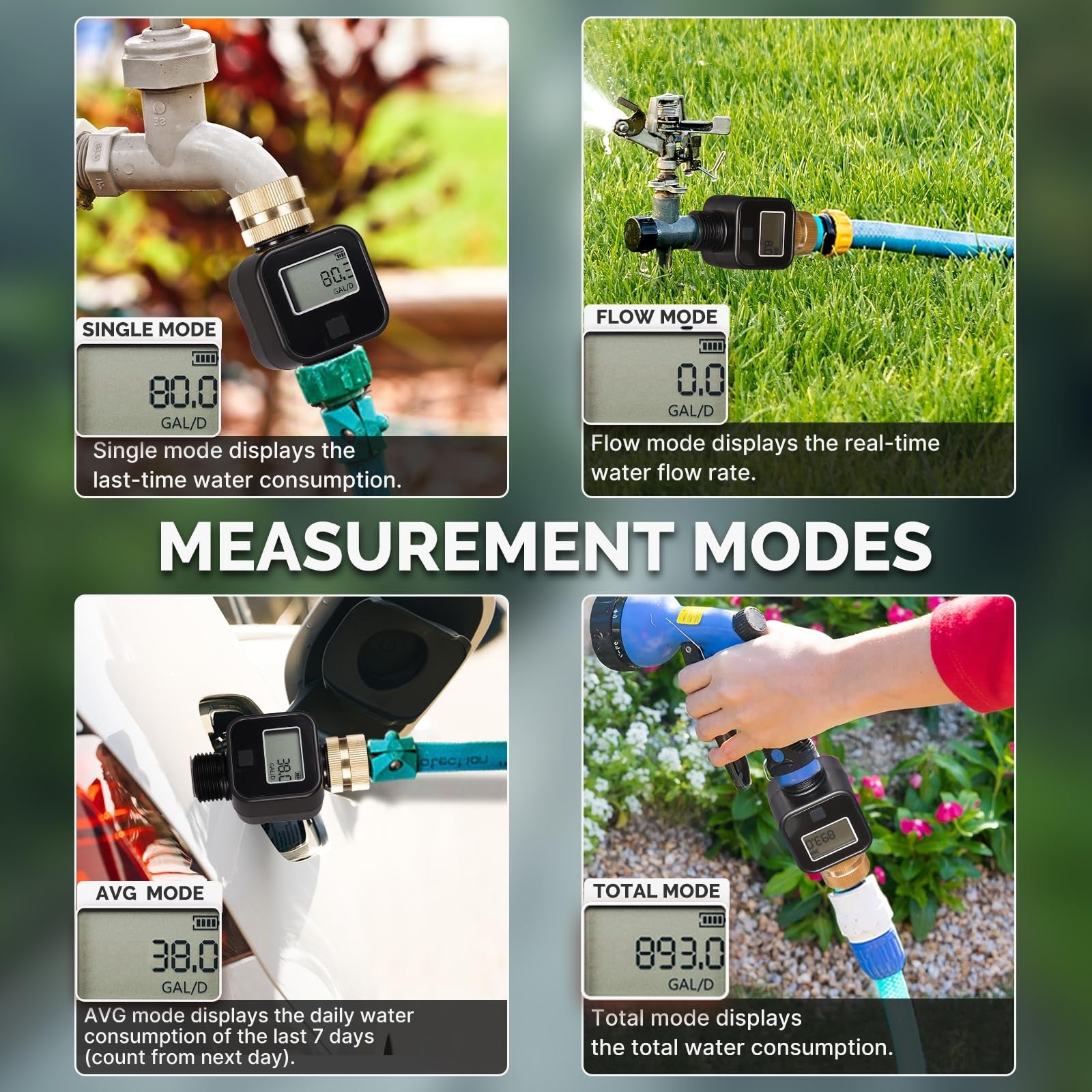 MOES water flow meter with brass inlet and metal threading, displaying measurement dials for gallons and liters.