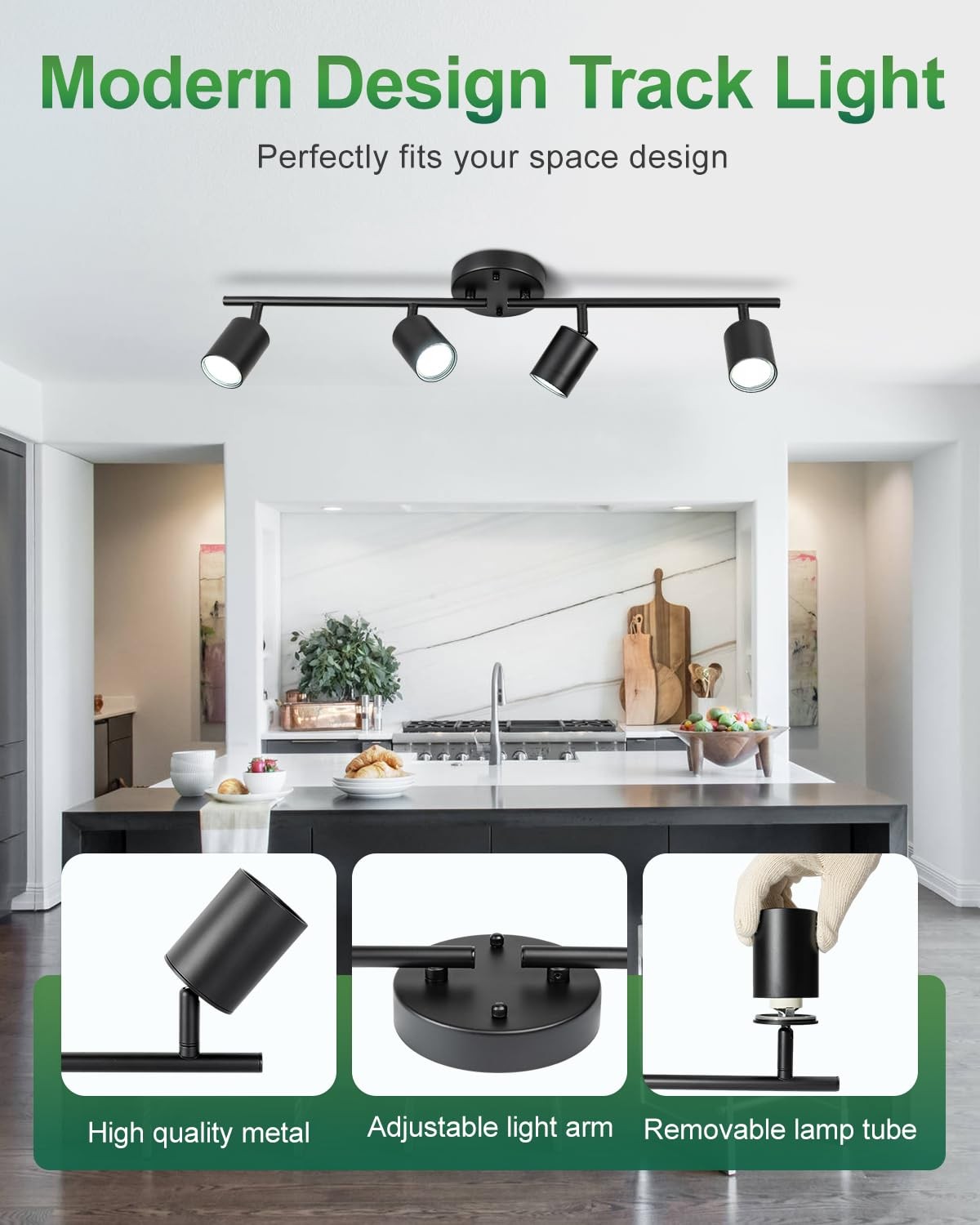 Fondiiz 4-way track lighting with rotatable black ceiling track heads, modern design for adjustable illumination.