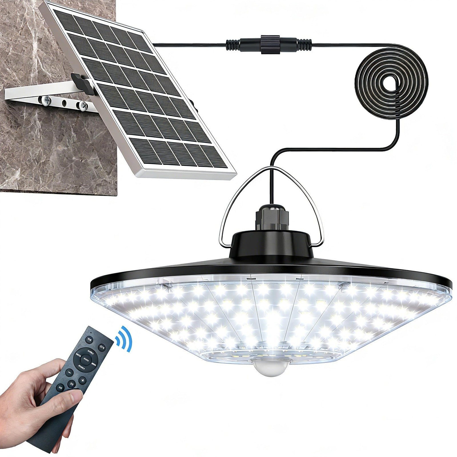 Latband solar shed light with 198 LEDs, motion sensor, indoor/outdoor use, 1200 lumens, solar-powered outdoor lighting system.